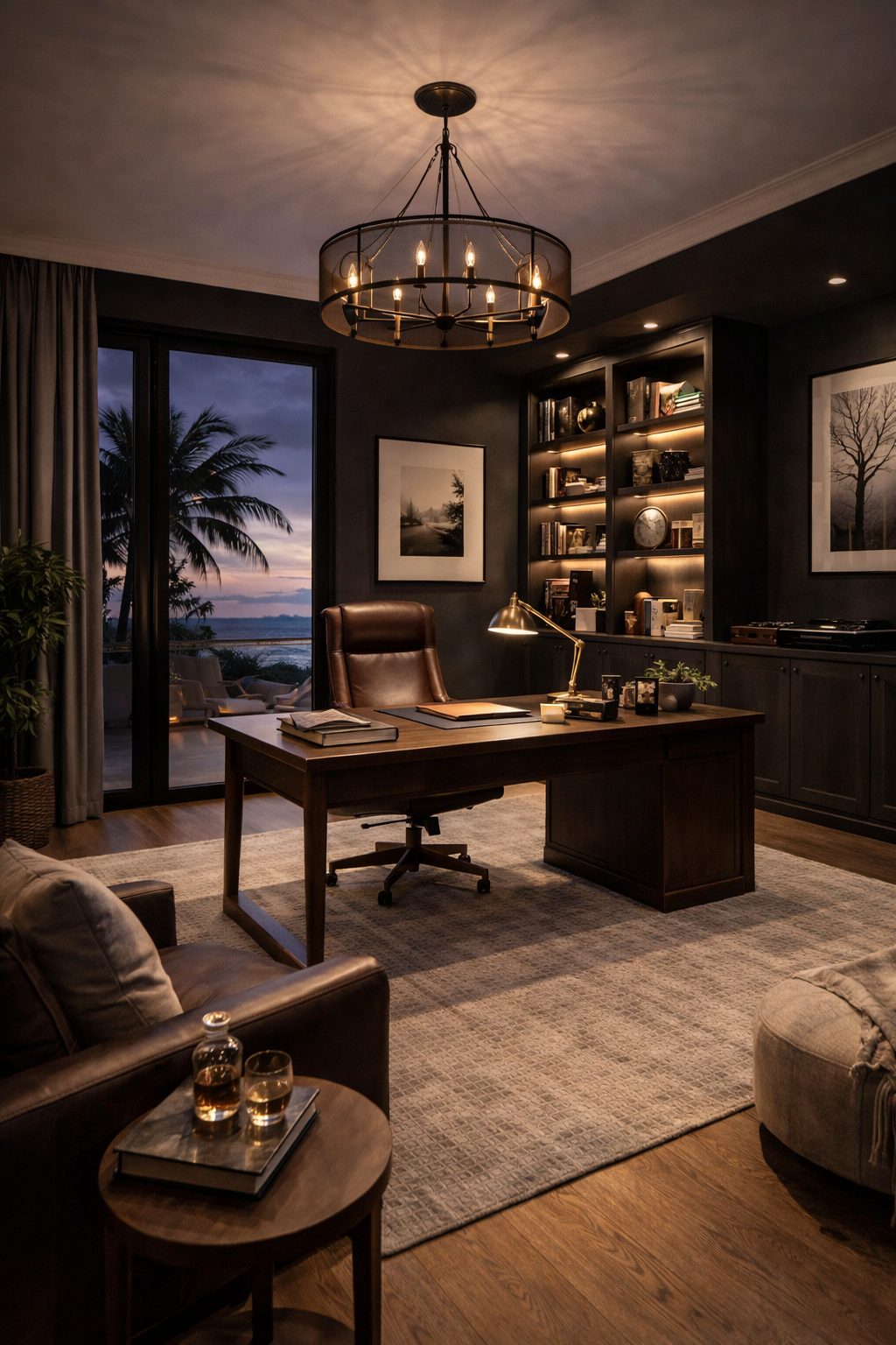 A cozy, well-lit home office with a large wooden desk, brown leather chair, built-in bookshelves filled with books and decor, framed black-and-white photos on dark walls, and a view of palm trees and sunset over water through glass doors.