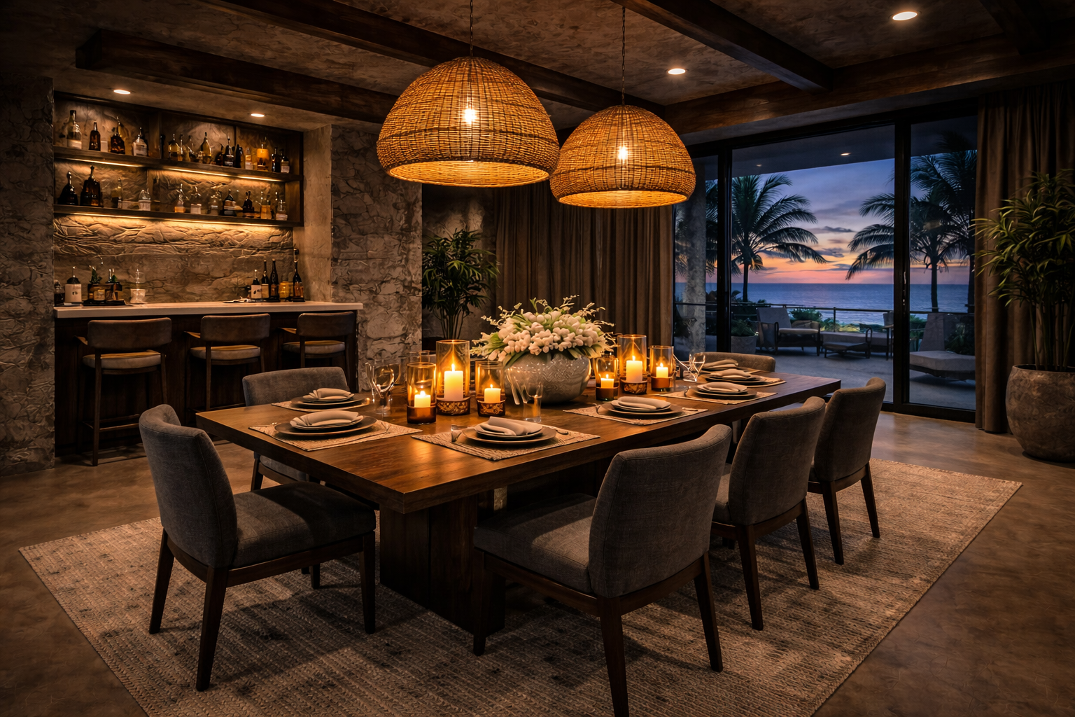 A cozy dining room with a large wooden table set with plates, glasses, and napkins, decorated with lit candles and a floral centerpiece. The room has a warm, rustic decor with hanging wicker lights, stone walls, and large windows revealing a sunset v