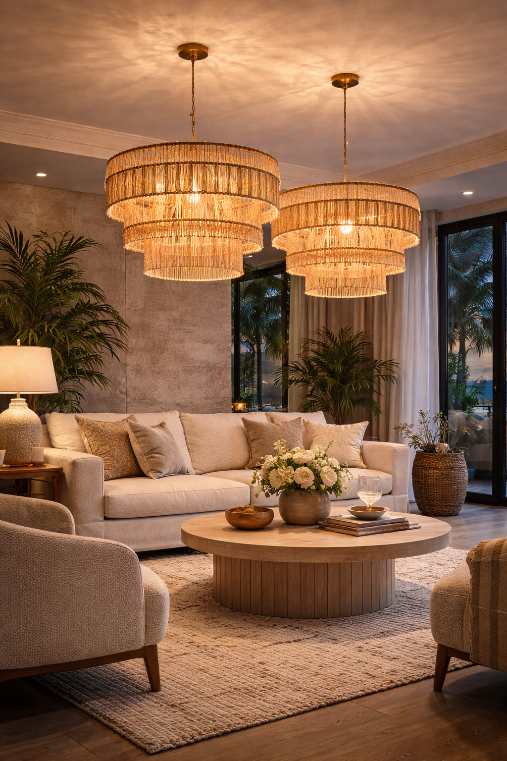 Living room with beige sofa, potted plants, a round wooden coffee table with a flower arrangement, and two large chandelier lights hanging from the ceiling.