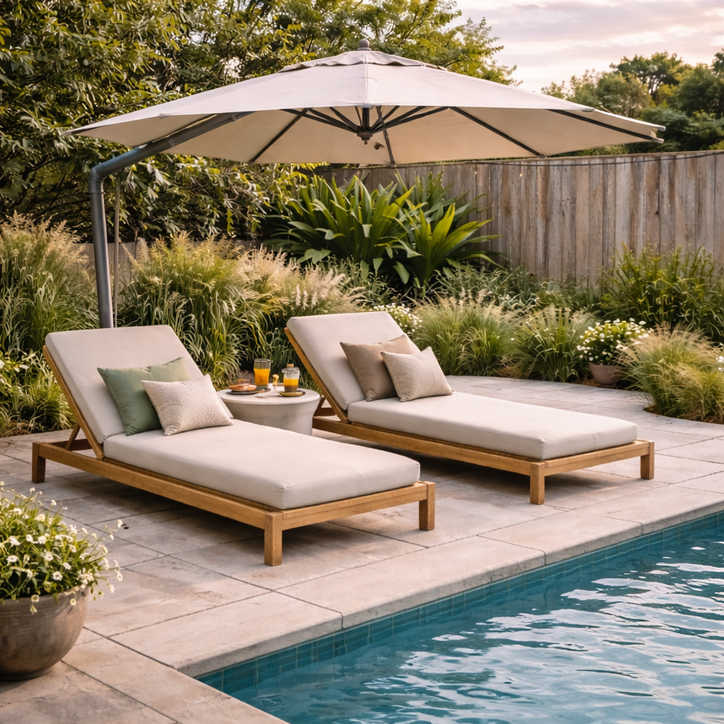 Two lounge chairs with cushions and pillows next to a swimming pool, shaded by a large patio umbrella, with plants and flowers in the background.