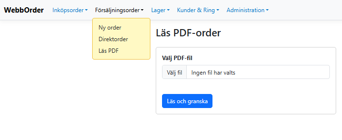 Bilden visar funktionen i Webborder som skapar order och orderrader genom scanning av PDF-dokument. Machine learning för placering av information. Integration mot Visma Net.