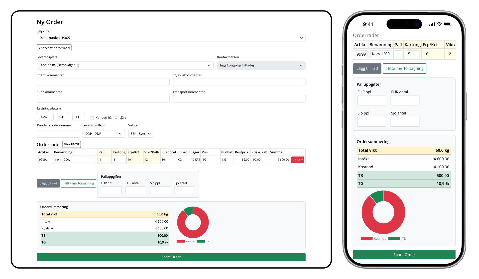 Bilden visar orderläggning i webb och mobil i Webborder, integrerat med Visma Net.