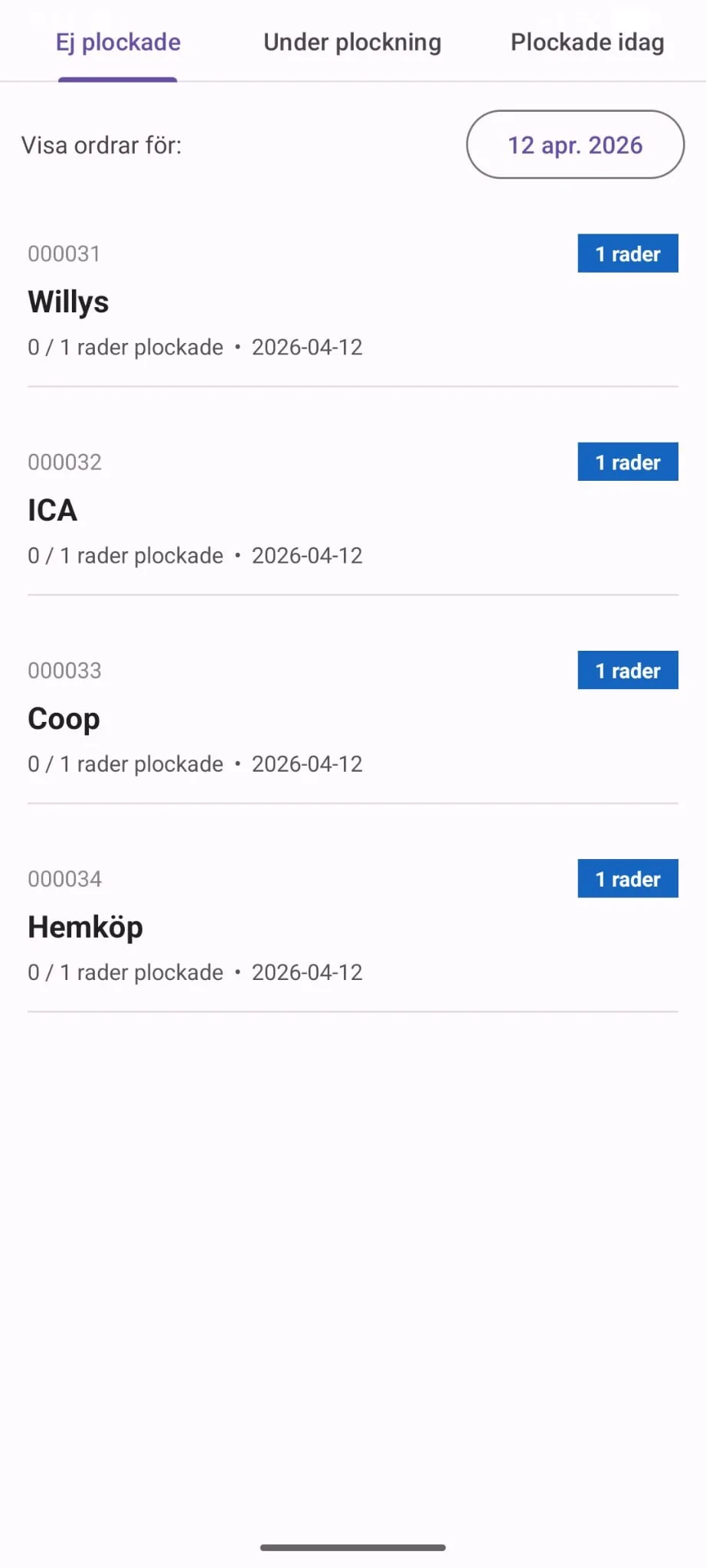 Bilden visar ordrar att plocka i handdatorn, ordrar hämtas från Visma Net.
