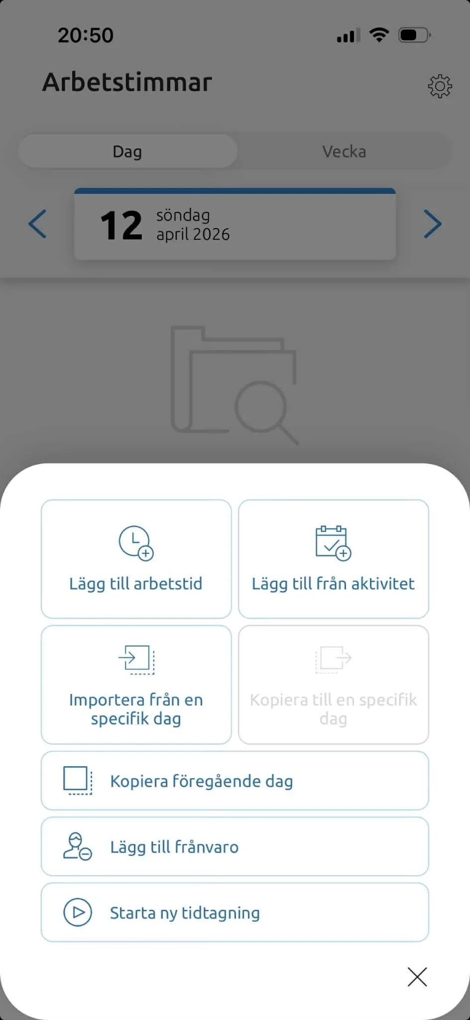 Bilden visar tidrapportering i Severa mot projekt i app för mobiltelefonen.