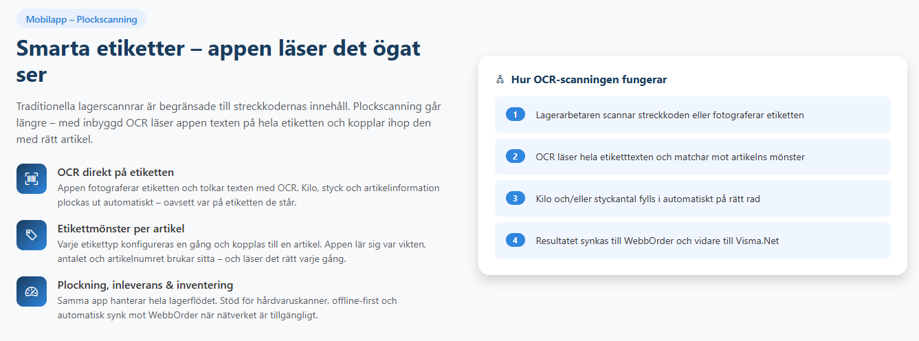 Bilden visar funktioner för scanning av streckkoder och etiketter (OCR-scanning). Machine learning av etiketter, inleveranser och utleveranser.
