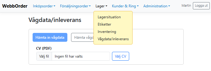 Bilden visar lagerfunktionerna i Webborder, etiketthantering, inventering, vågdata/inleverans och lagersituation.