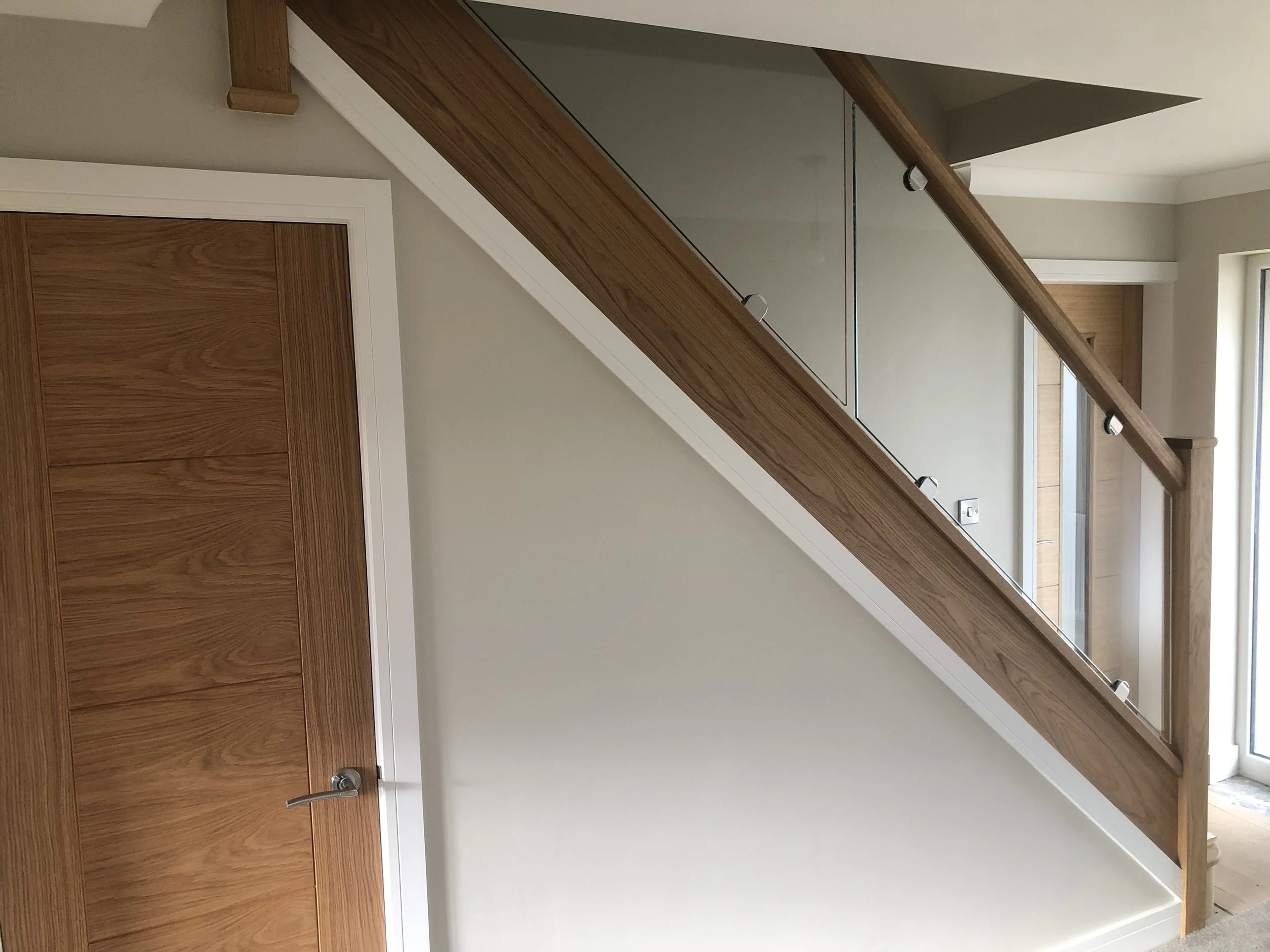 Staircase - Wood Handrail, Posts & Glass Panels