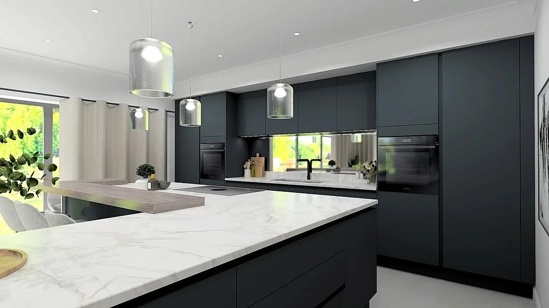 We are currently working on a number of kitchen designs. Here are the visuals for one that will hopefully go into production soon. Swipe across to see the current  space - walls will be knocked down to create a larger open plan space 🖤🩶🤍 #interior