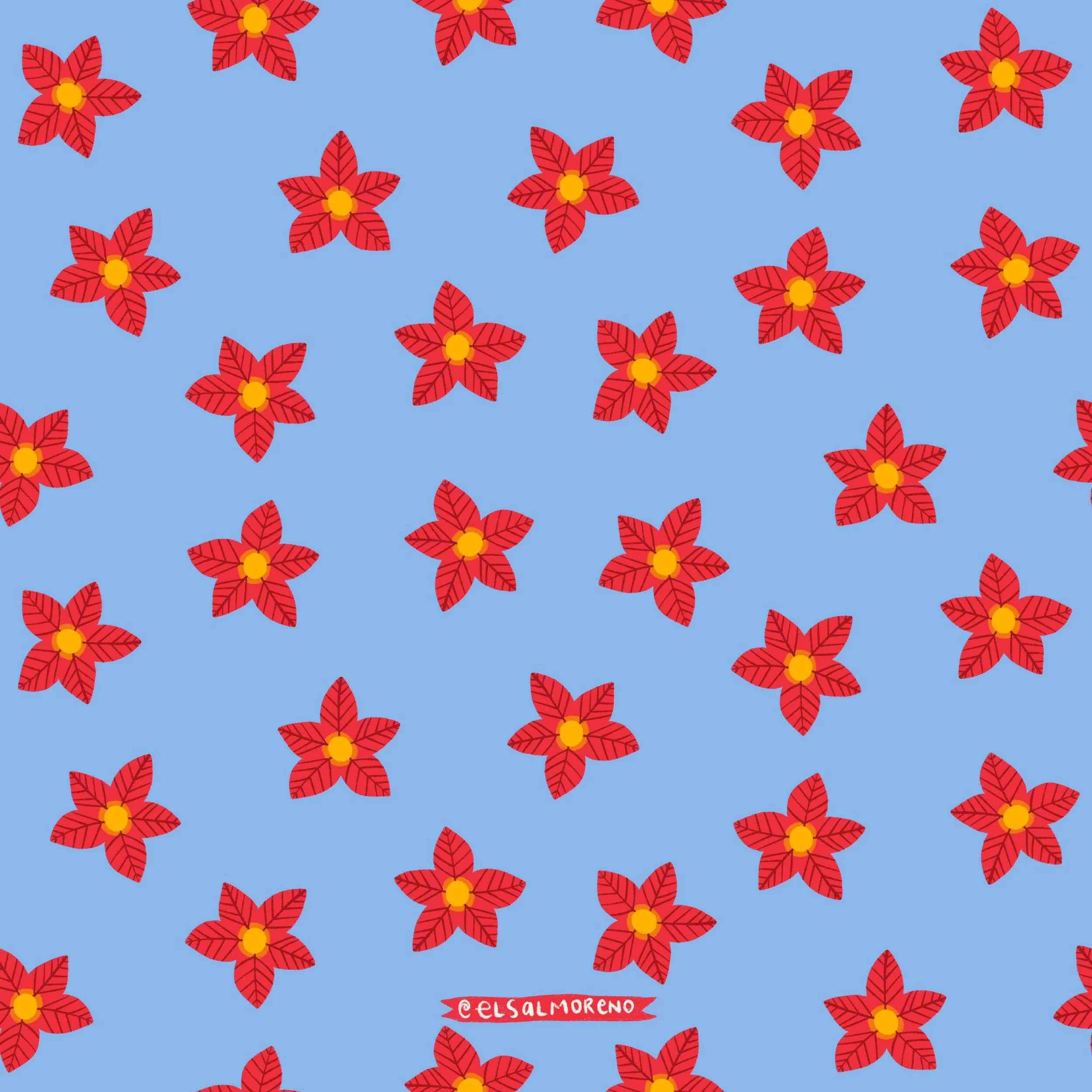 Repeating pattern of red poinsettias scattered over a blue background with the signature @elsalmoreno in the bottom center of the illustration