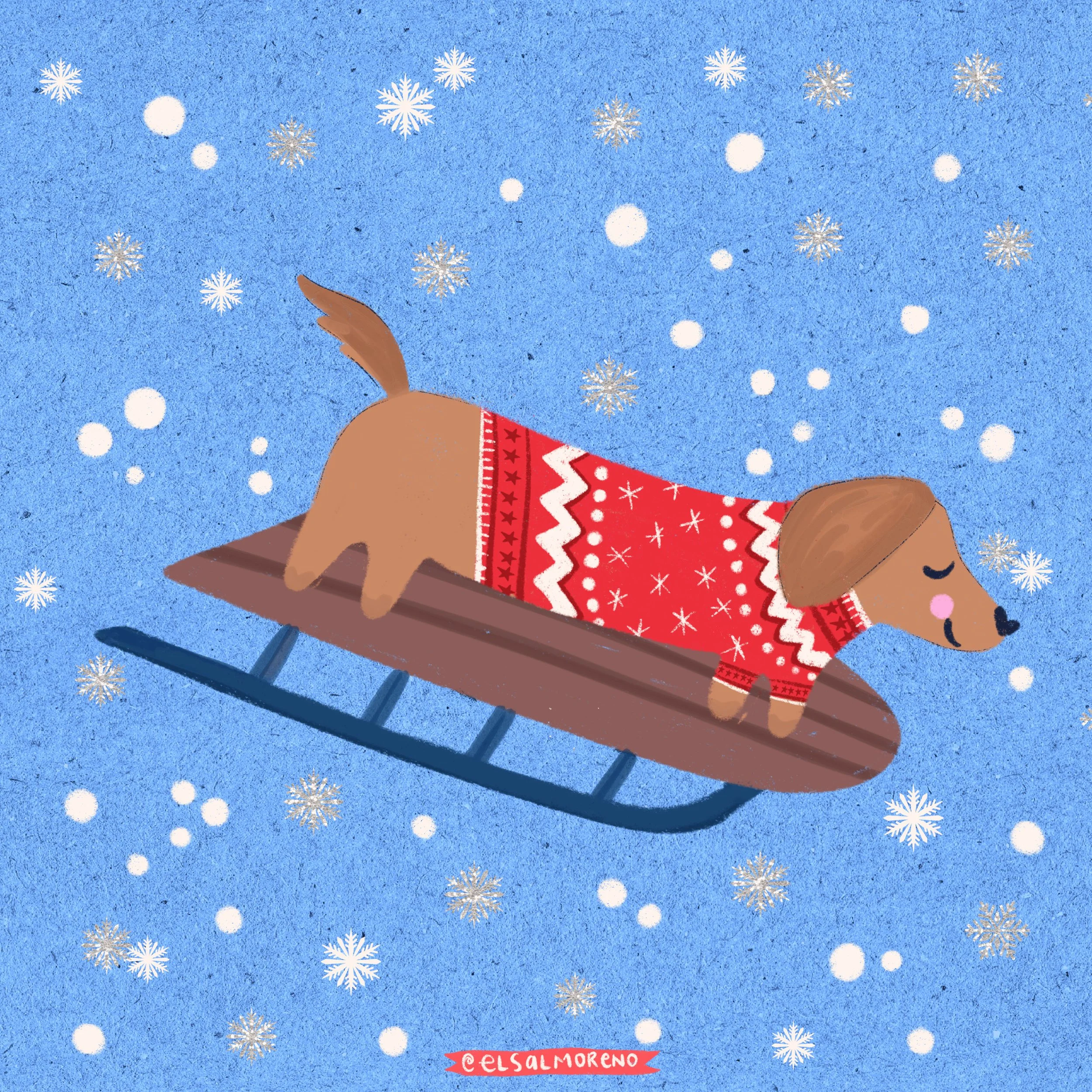 Cute illustration of a dachshund dog in a red winter sweater sledding, on a blue background with white and silver sparkly snow and snowflakes with Elsa L. Moreno's signature in the bottom center. 