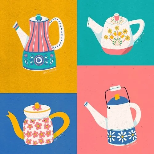 Image shows four digitally drawn teapots in varied colors, all with flower motifs, by surface pattern designer Elsa L Moreno.