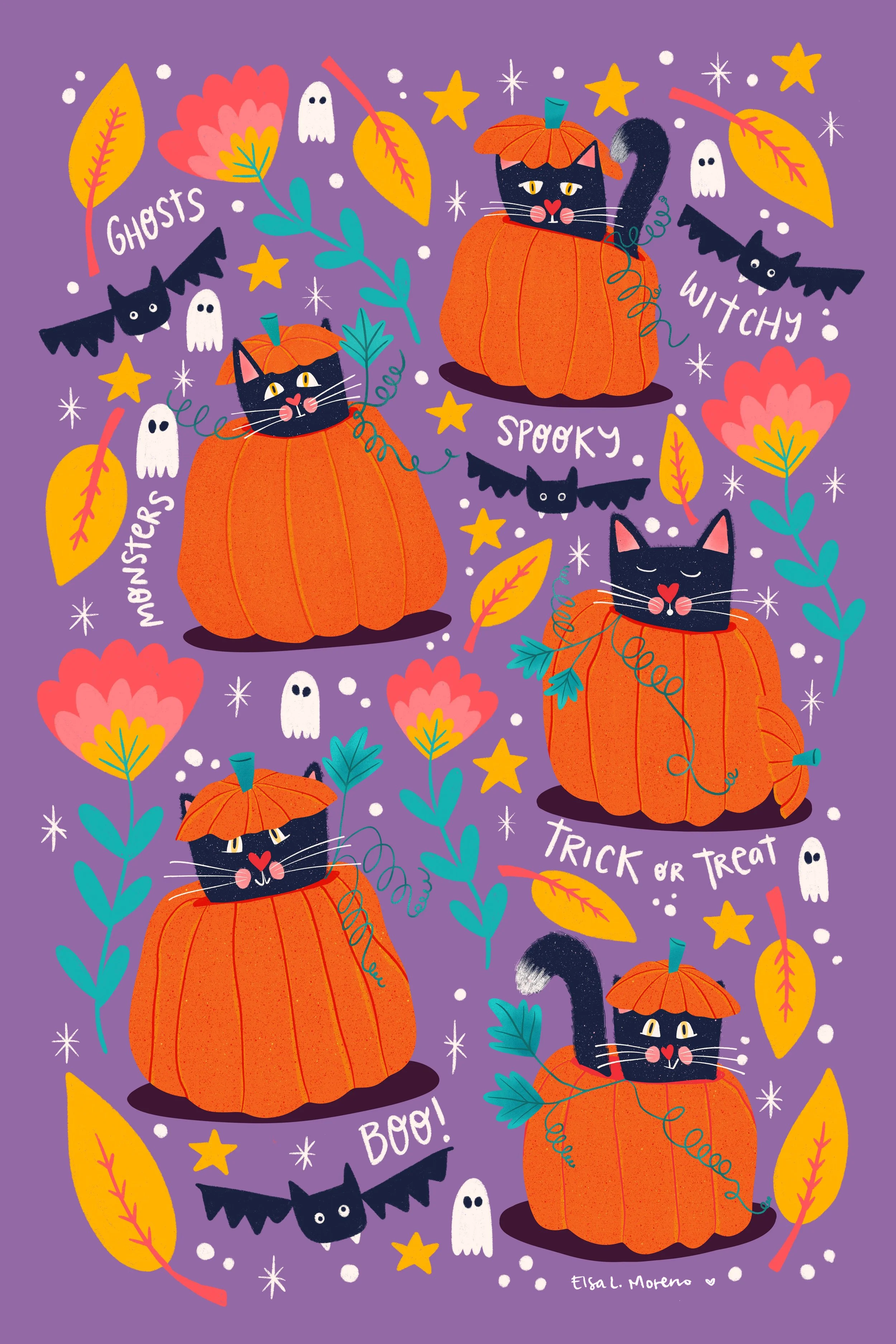 Illustration of five stylized black cats inside carved pumpkins, surrounded by yellow leaves and red flowers, stars, ghosts and bats, all over a purple background. The words Ghosts, Witches, Spooky, Boo! and Trick or Treat are dispersed around the il