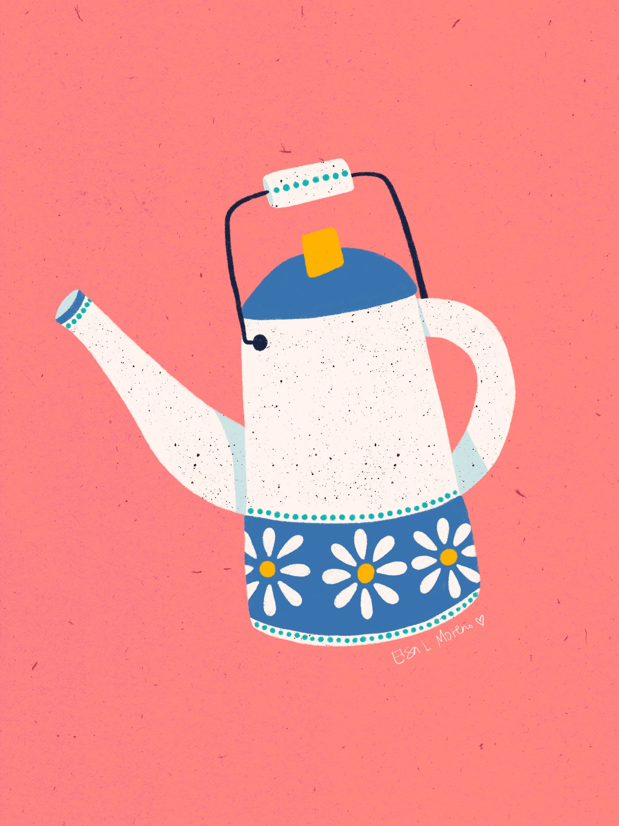 Vintage Teapot Illustration with Blue Details and White Daisies on a Coral Background