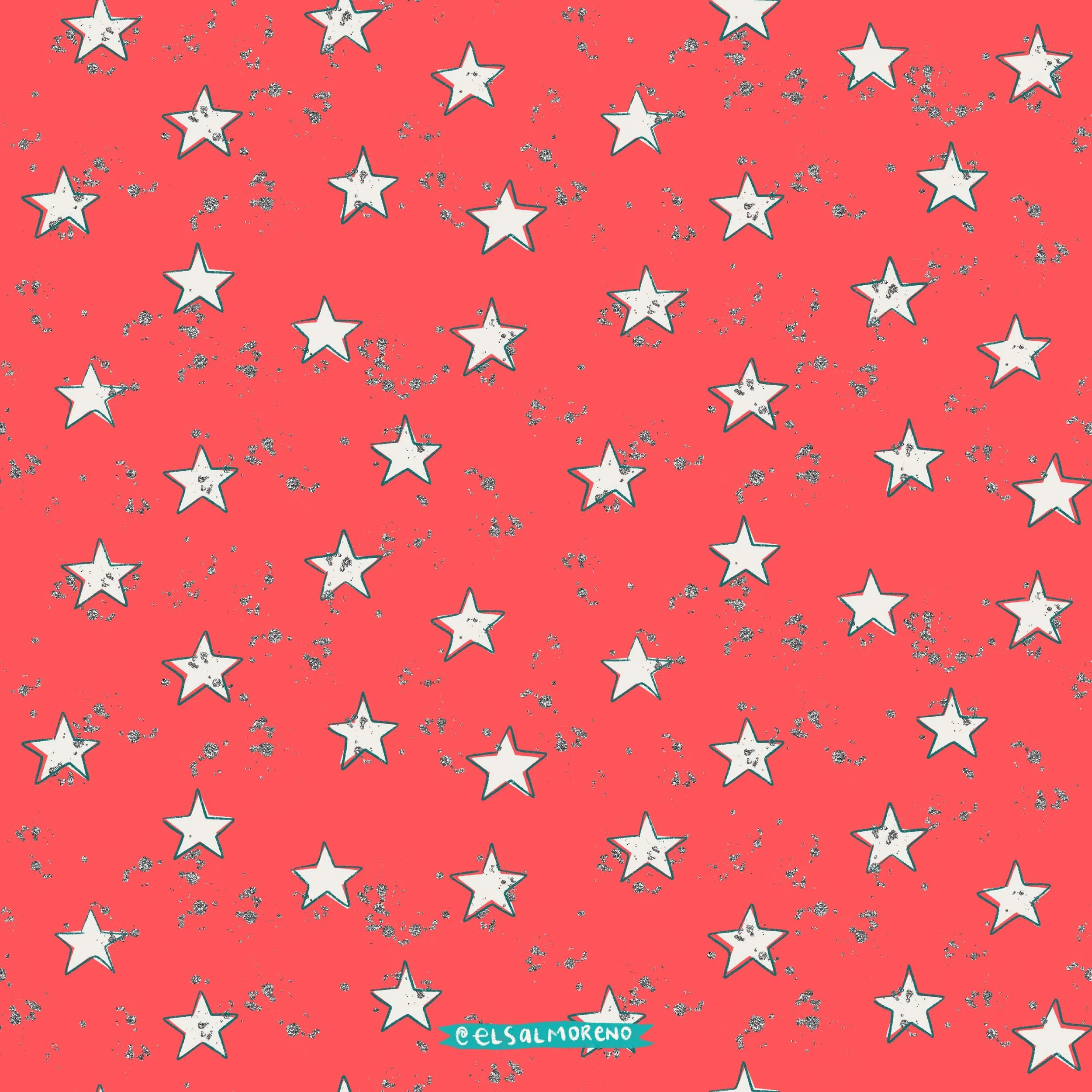 Repeating pattern of white stars and silver glitter splashes over a red background with the signature @elsalmoreno in the bottom center of the illustration