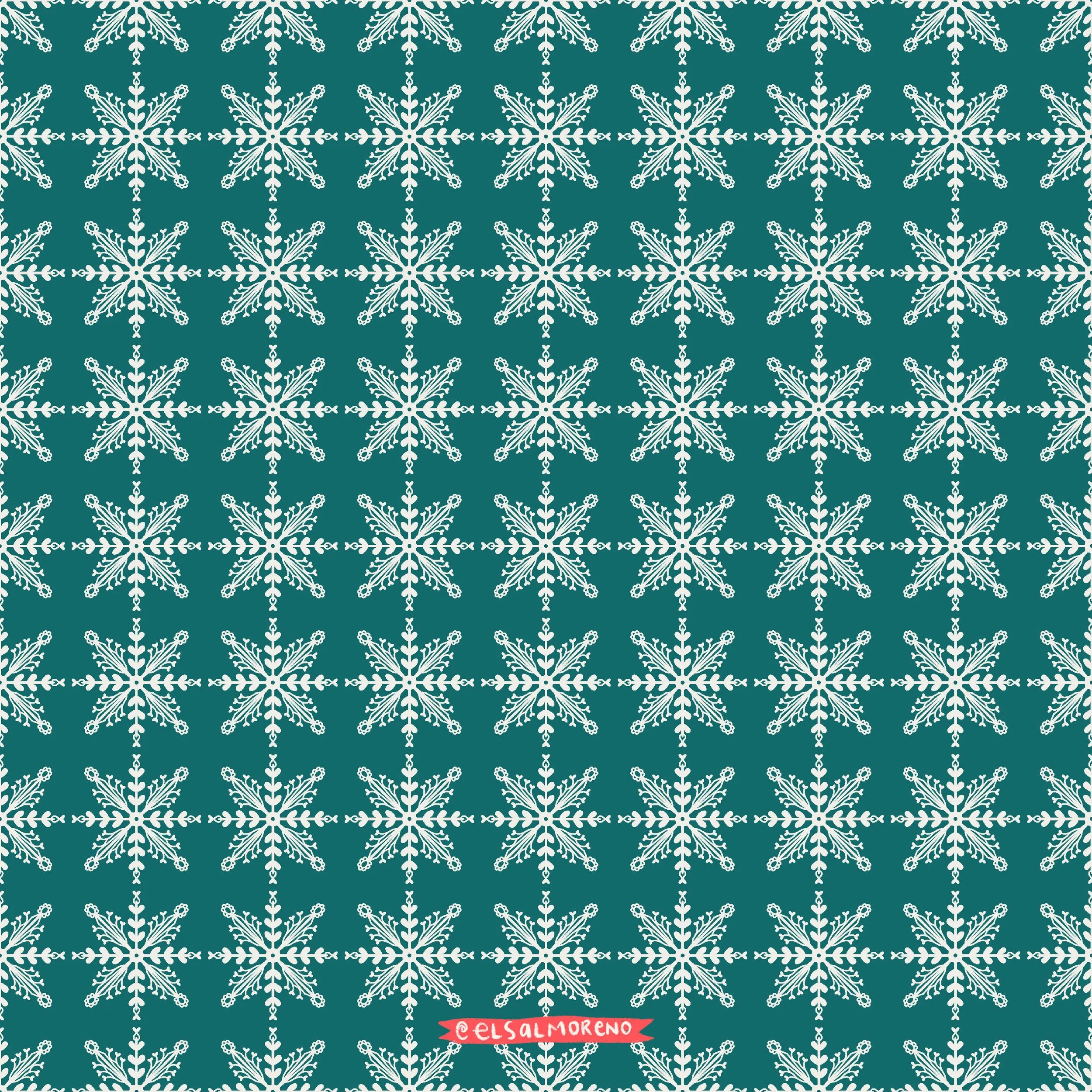 Repeating pattern of white snowflakes over a dark green background with Elsa L. Moreno's signature in the bottom center of the pattern.