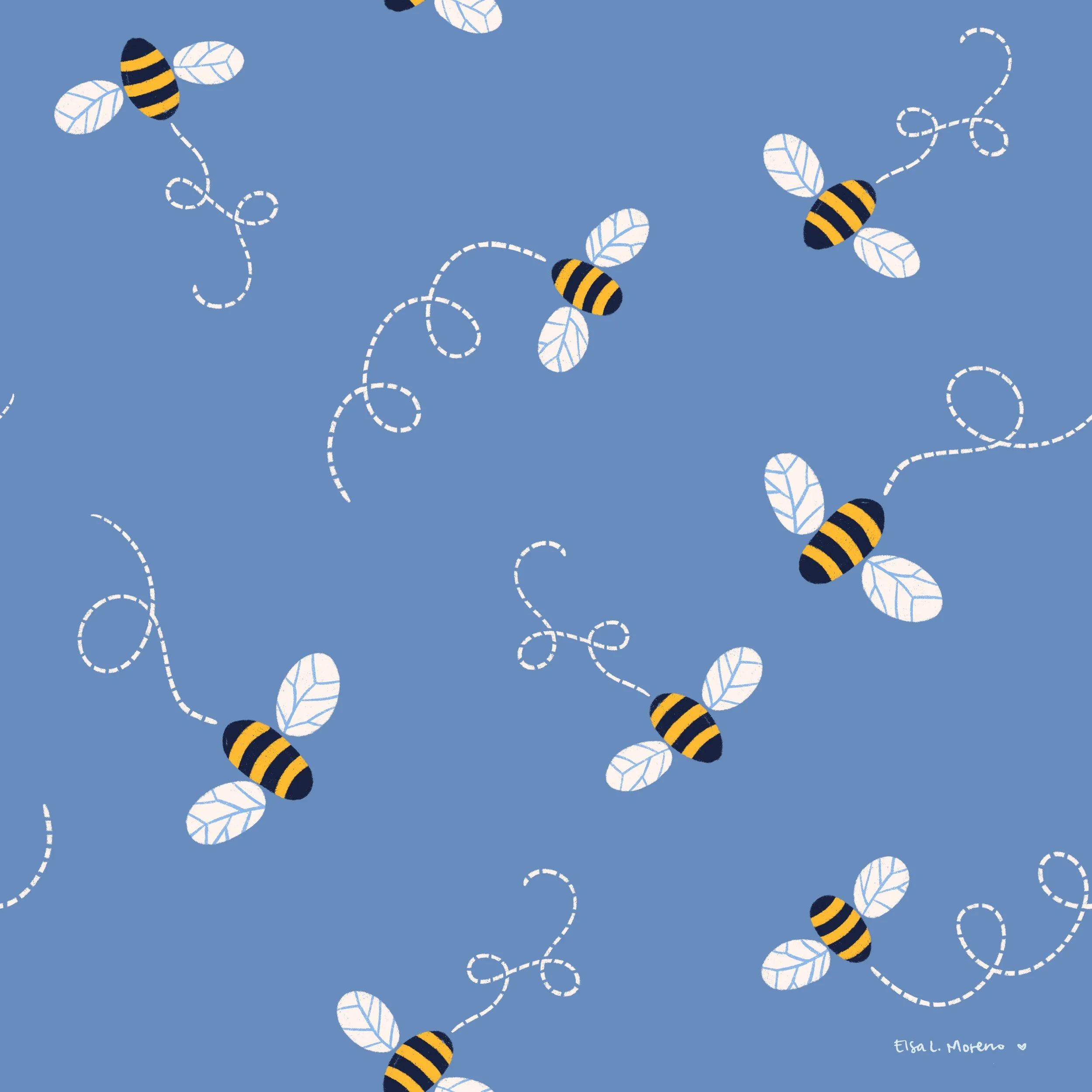 Repeating pattern of flying bees with blue background