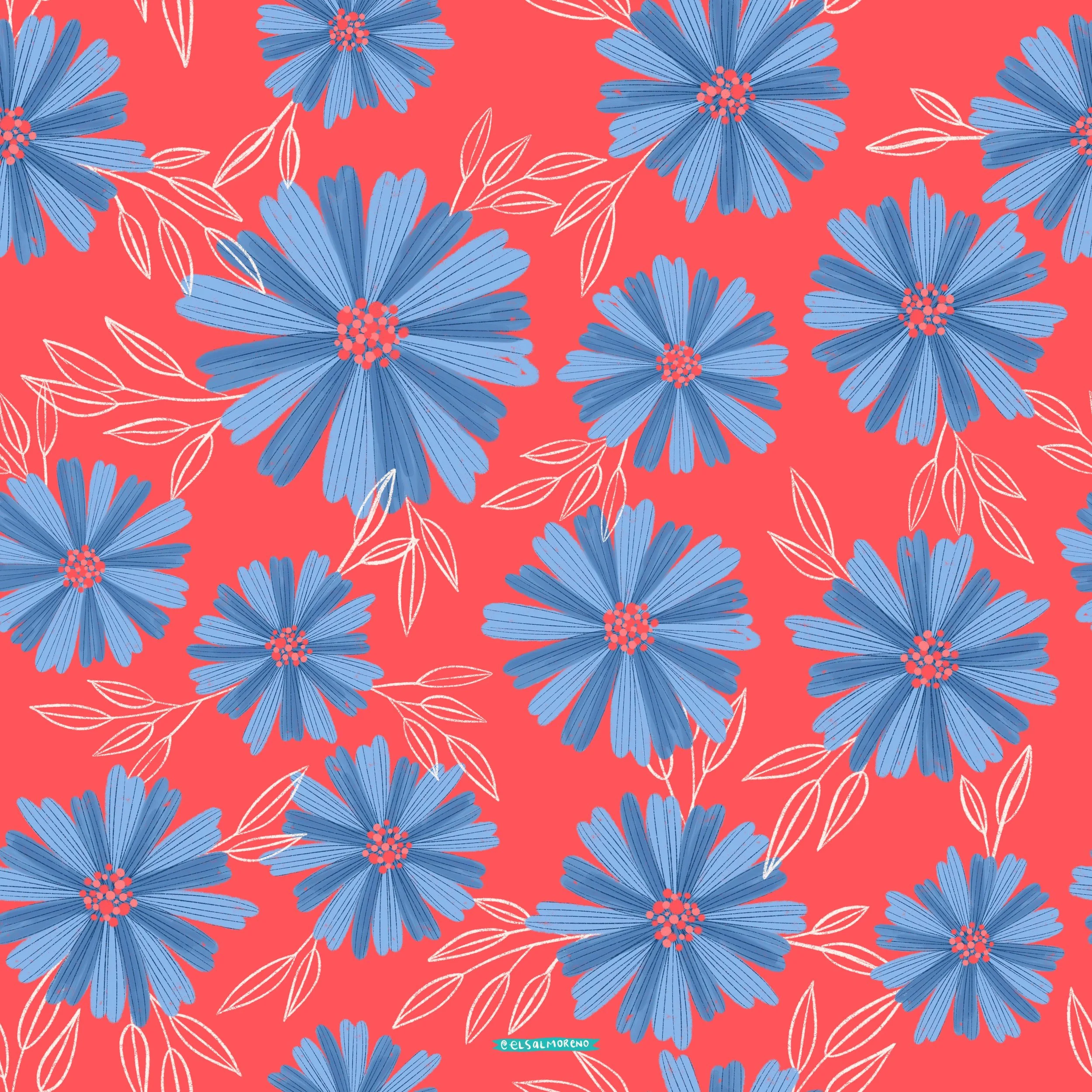Repeating pattern of stylized cornflowers with white leaf branches over a red background with the signature @elsalmoreno in the bottom center of the image.