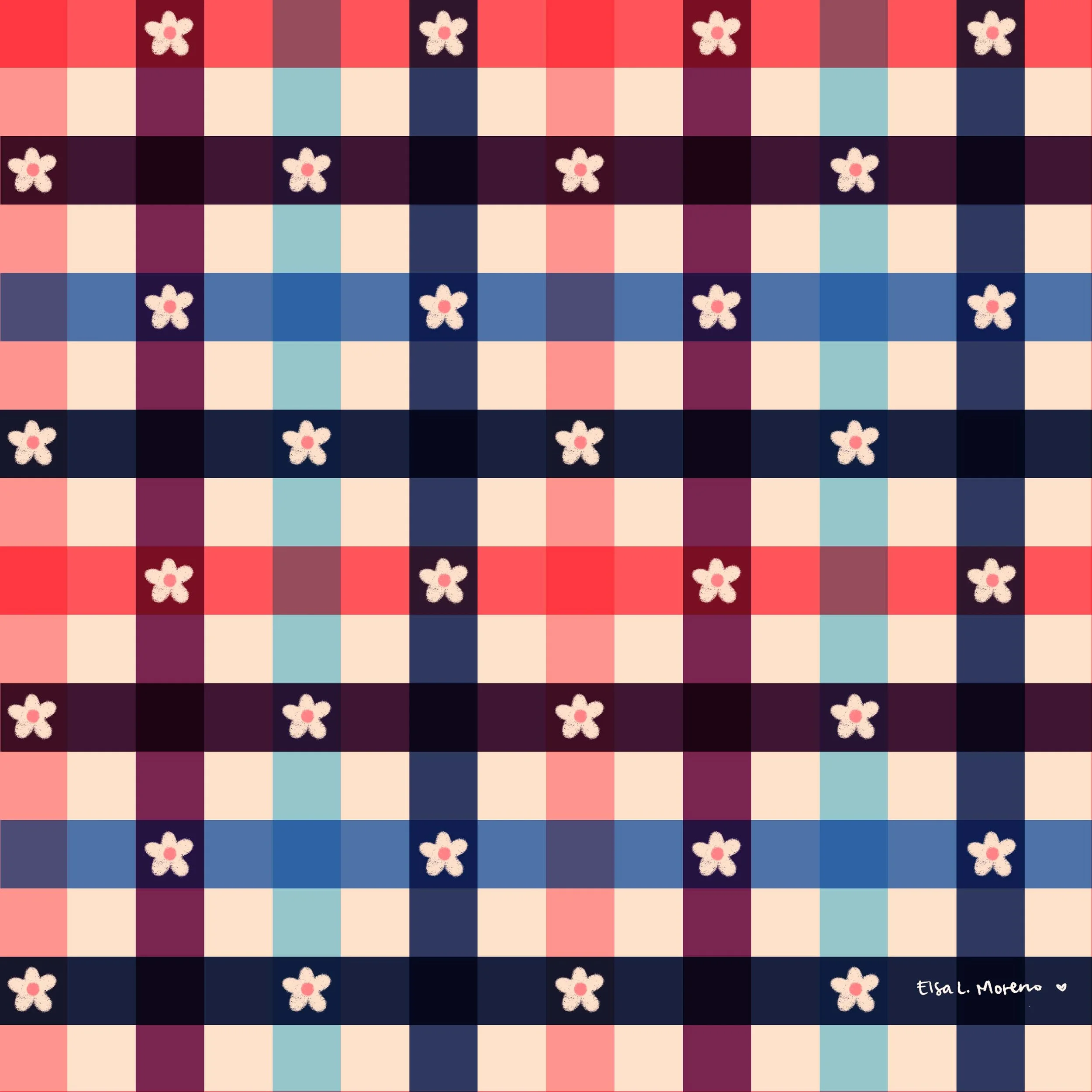 A repeating gingham pattern in autumnal colors with small white flowers in some of the intersecting lines.
