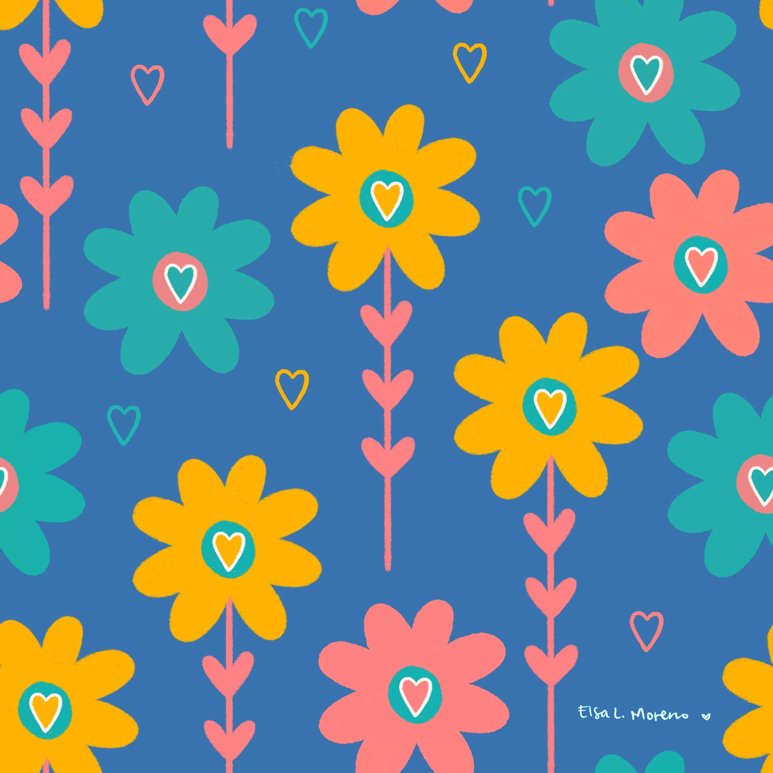 Repeating Pattern of Turquoise, Yellow and coral Flowers with Hearts in their Centers on a Blue Background