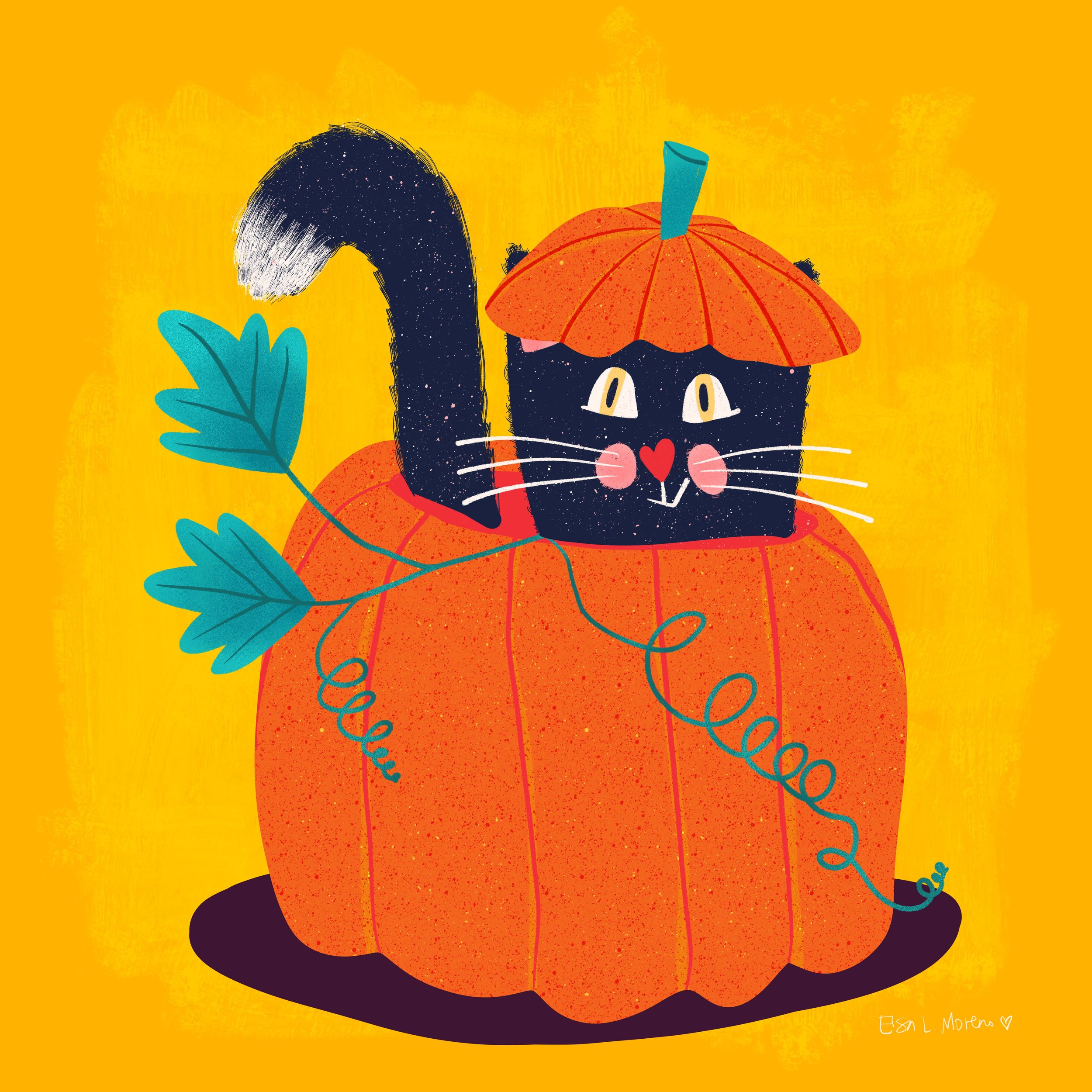 Illustration of a stylized black cat inside a pumpkin over a yellow background. The signature Elsa L. Moreno appears in the bottom right of the image.