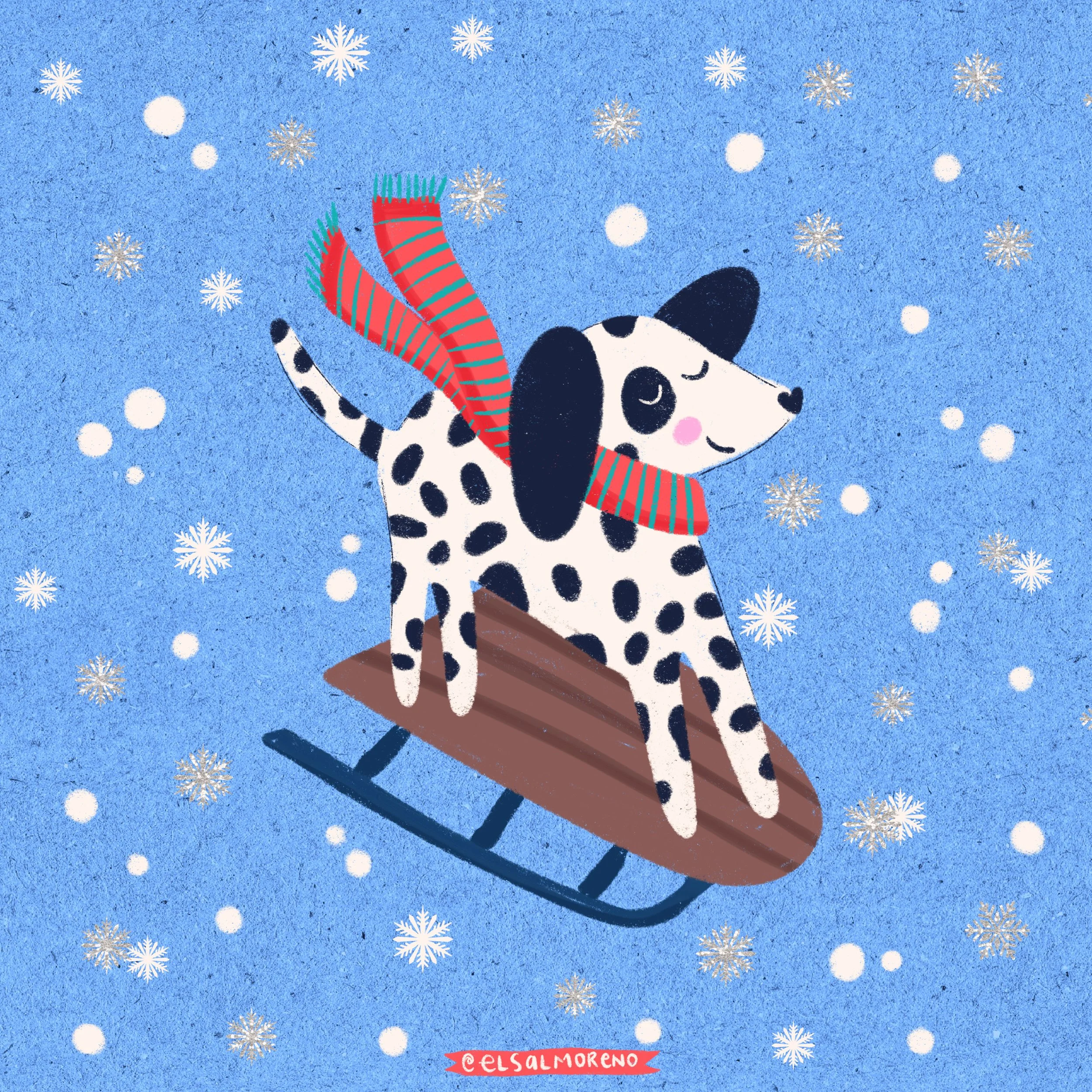 Cute illustration of a dalmatian dog in a red and green scarf sledding, on a blue background with white and silver sparkly snow and snowflakes with Elsa L. Moreno's signature in the bottom center. 