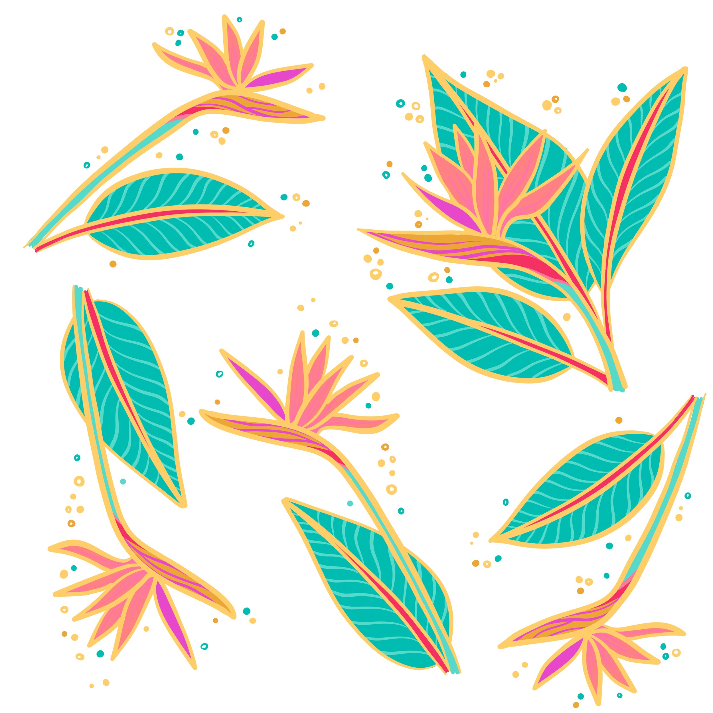 Stylized bird of paradise flowers repeating pattern on a white background