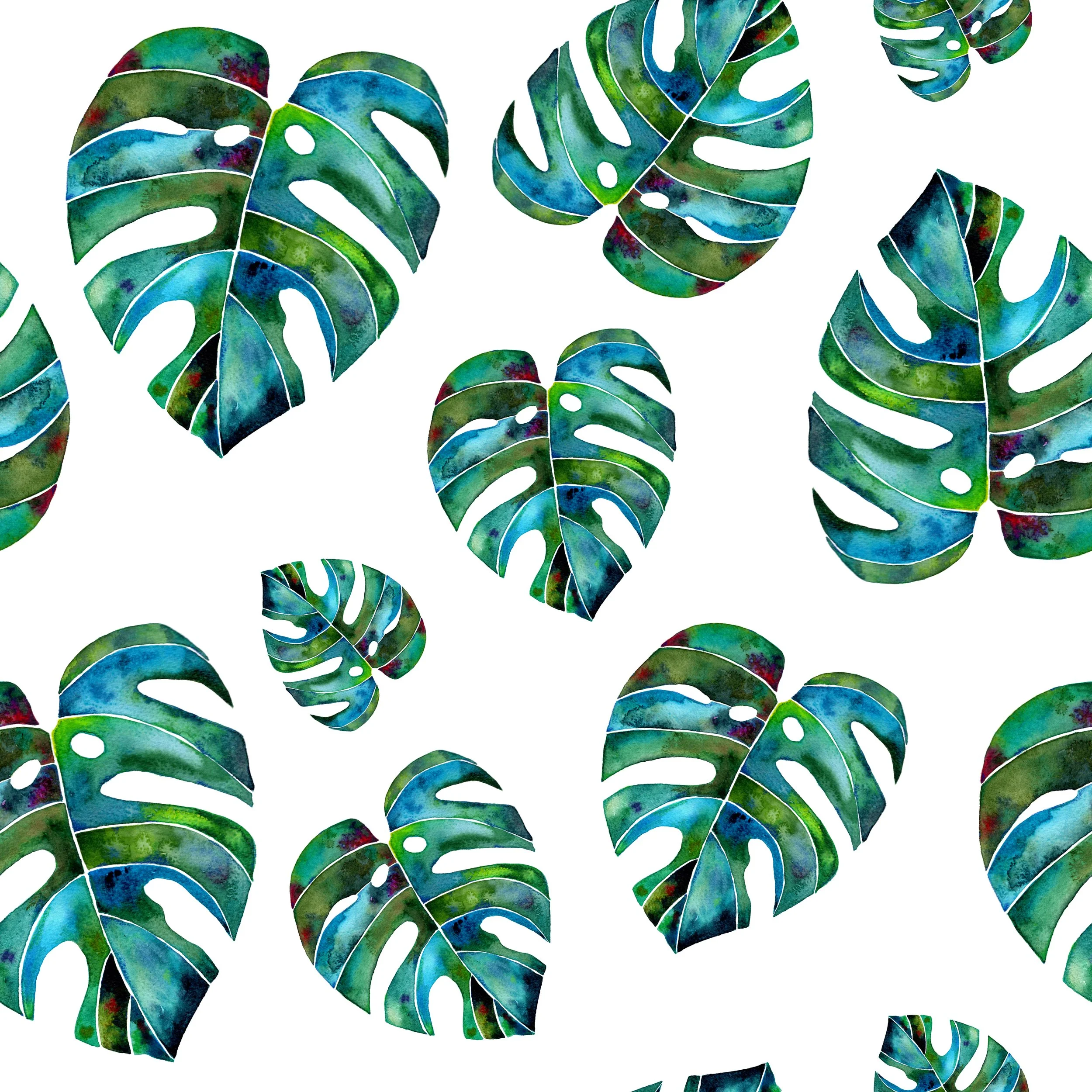 Colorful watercolor monstera leaves repeating pattern over a white background