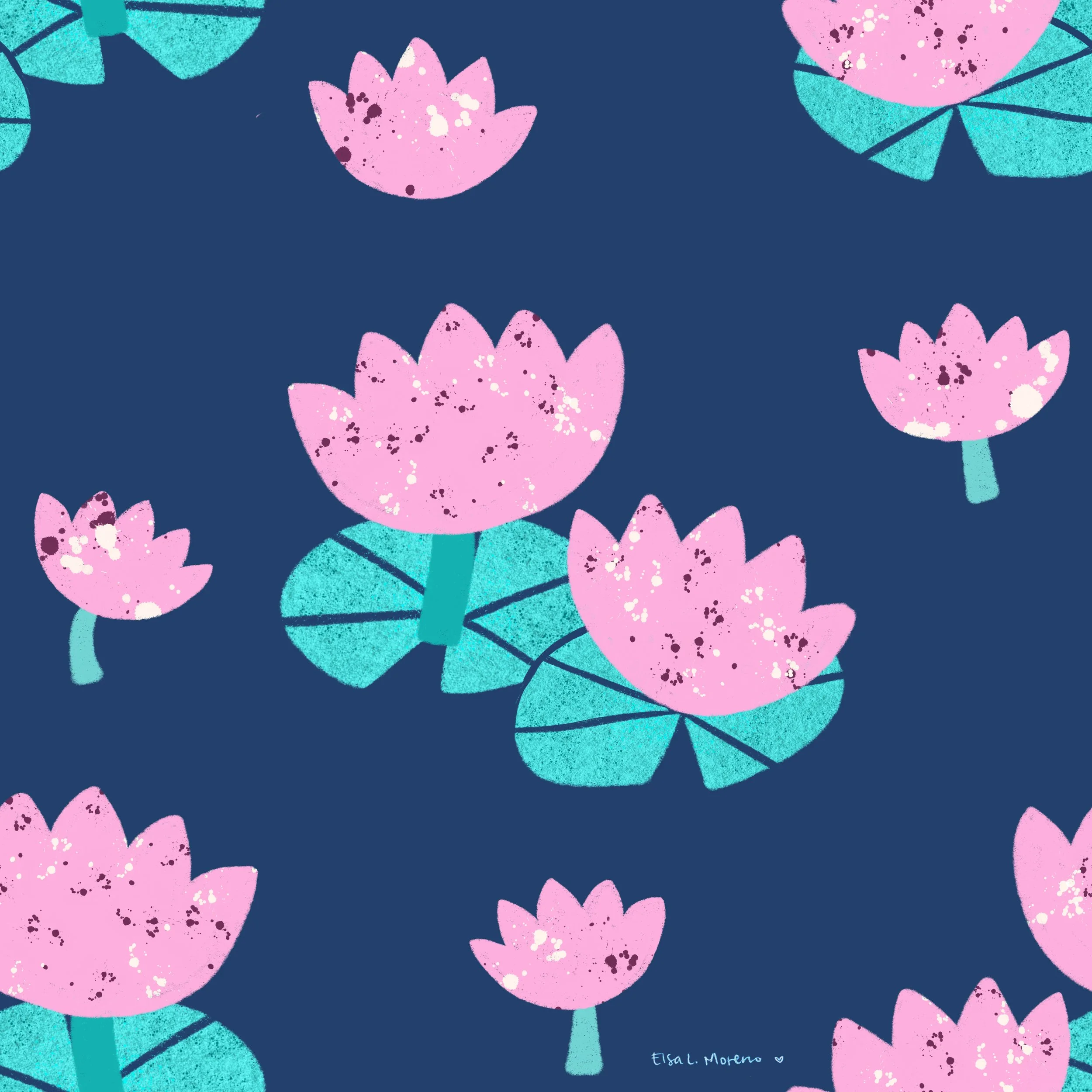 Repeating pattern of water lillies on a navy background