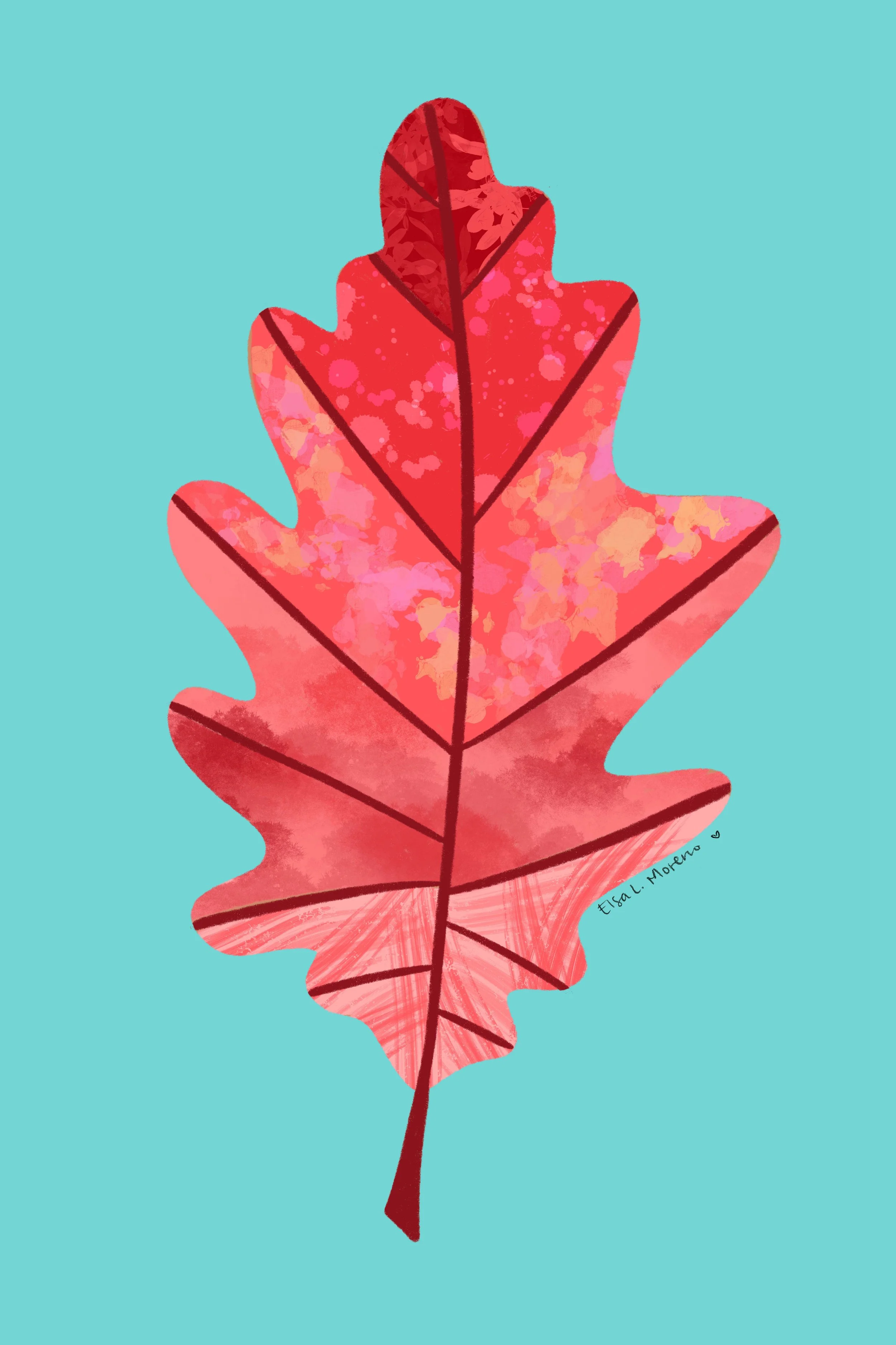 An illustration of a stylized oak leaf in autumnal colors over a turquoise background.