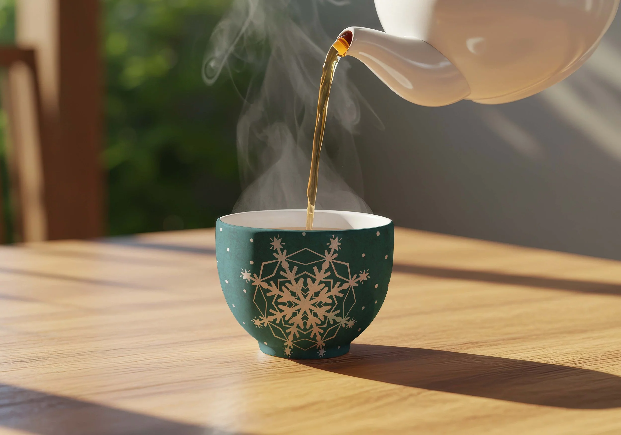 A tea mug with tea being poured in it. The mug features a white snowflake over a dark green background.