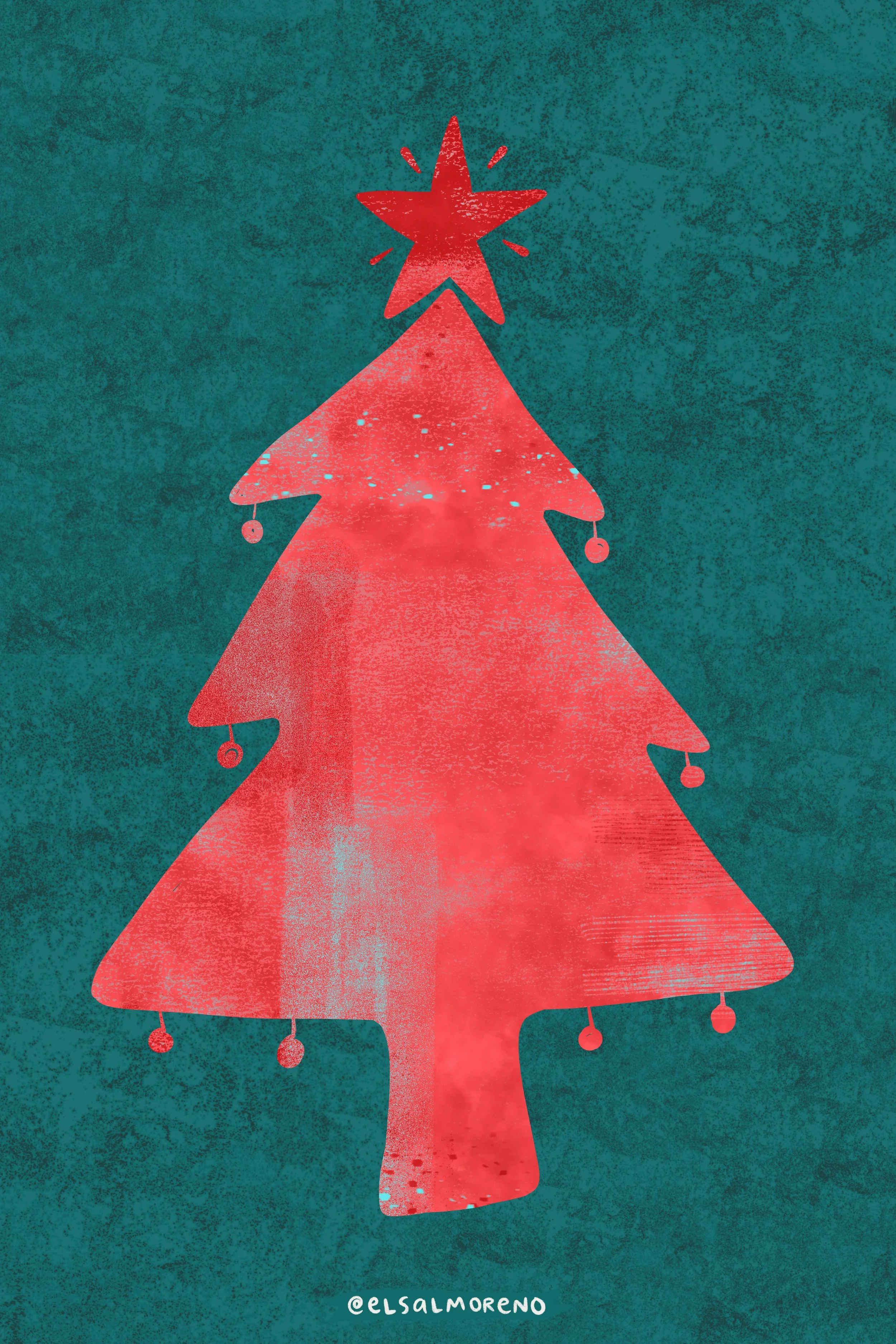 Red textured silhouette of a Christmas tree topped with a sparkling star over a dark green background