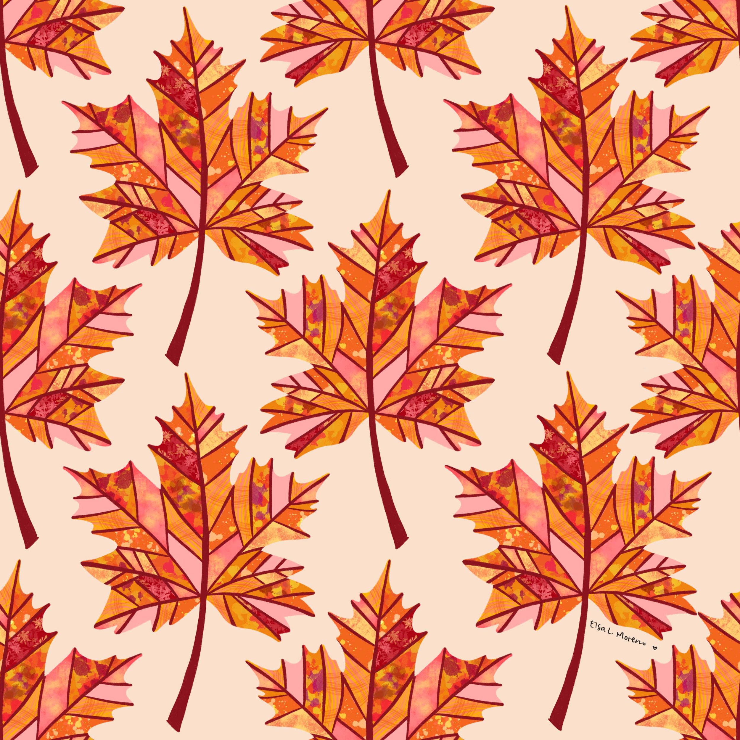 A repeating pattern of maple leaves in autumnal tones and textures over an ecru background.