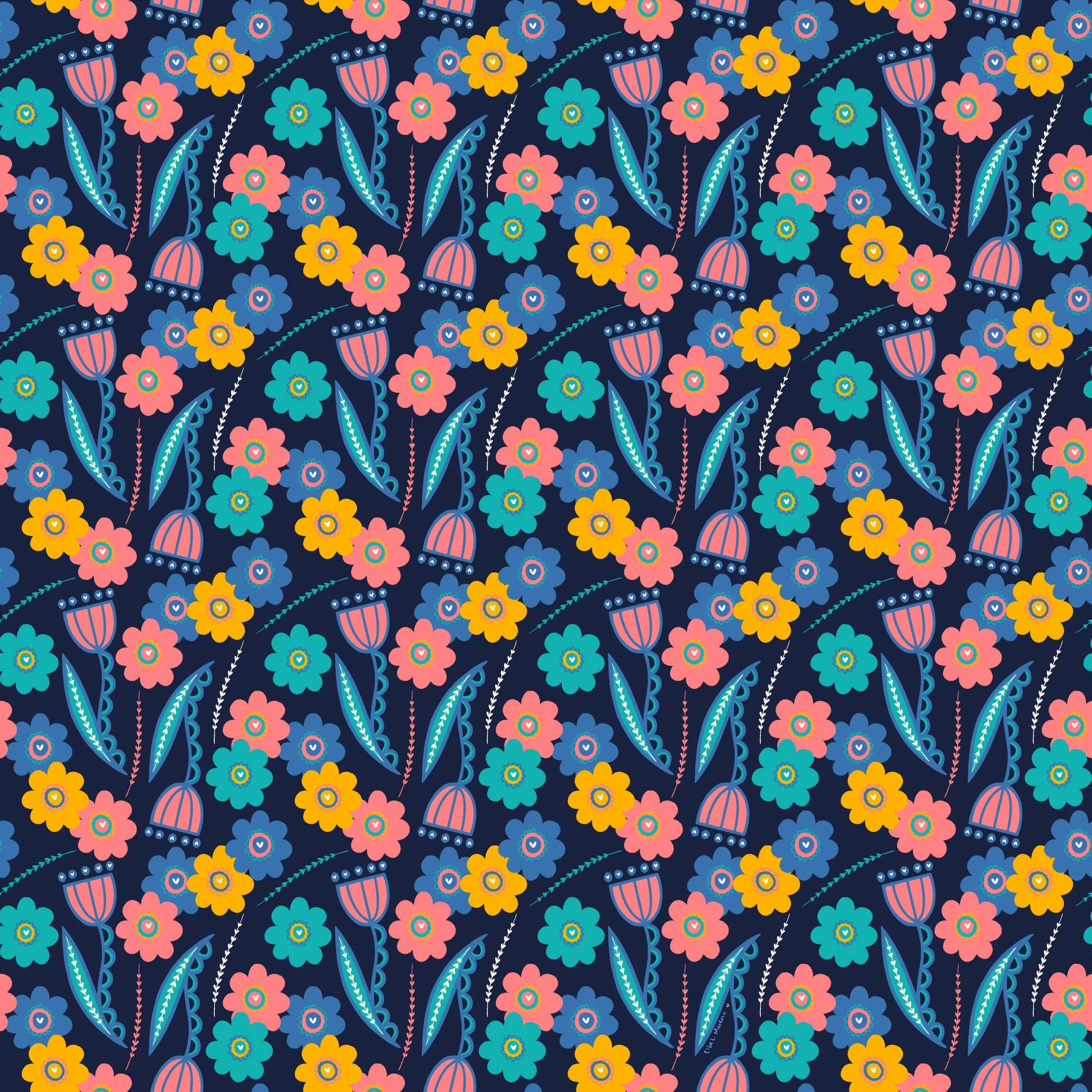 Repeating Pattern of Colorful Flowers on an Indigo Background