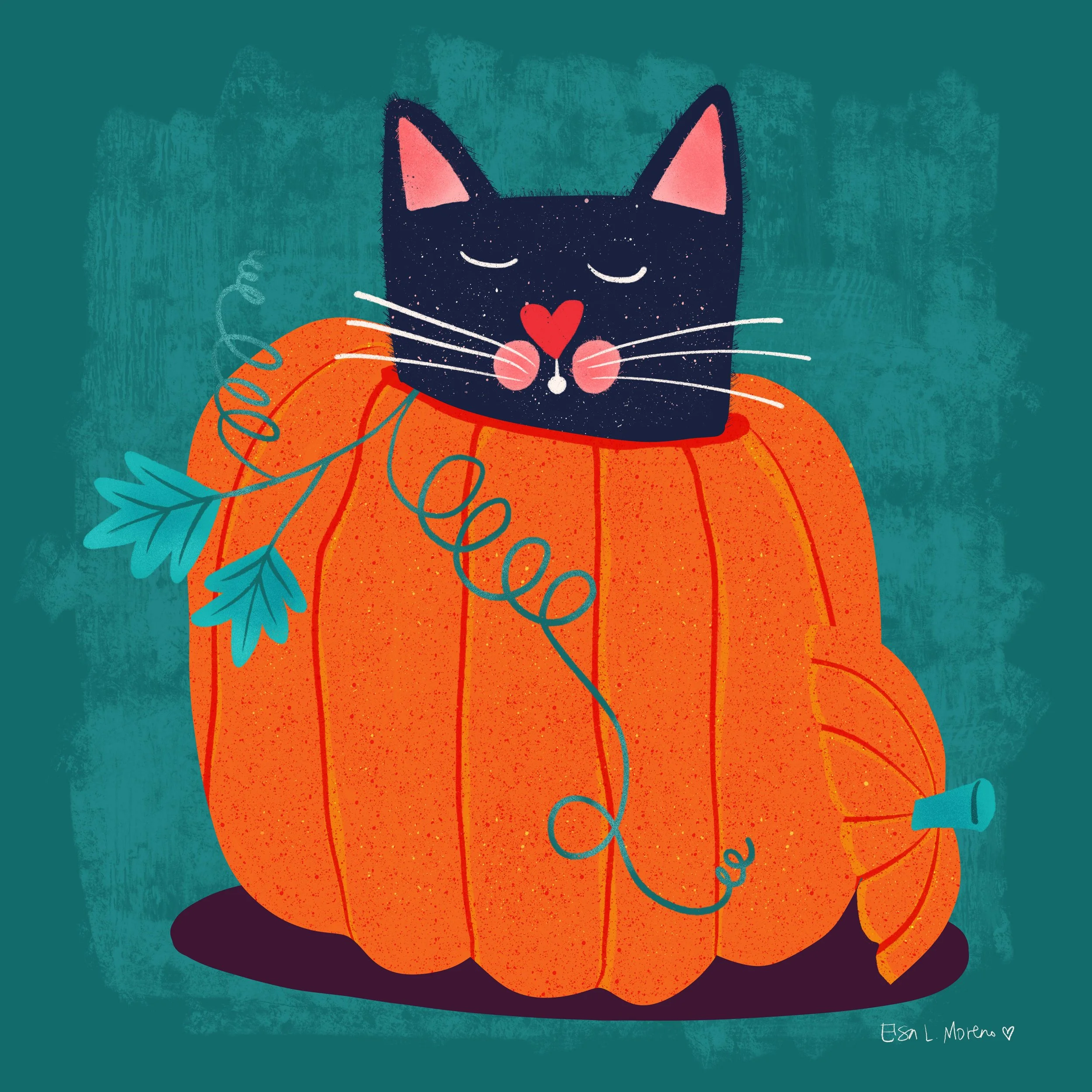 Illustration of a stylized black cat inside a pumpkin over a dark green background. The signature Elsa L. Moreno appears in the bottom right of the image.
