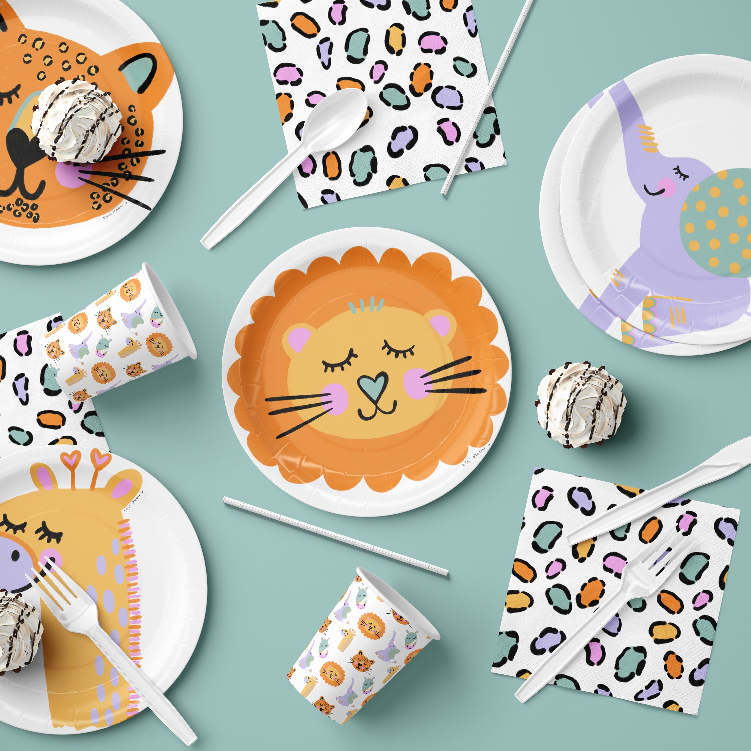 Disposable party ware with adorable safari animals and patterns.