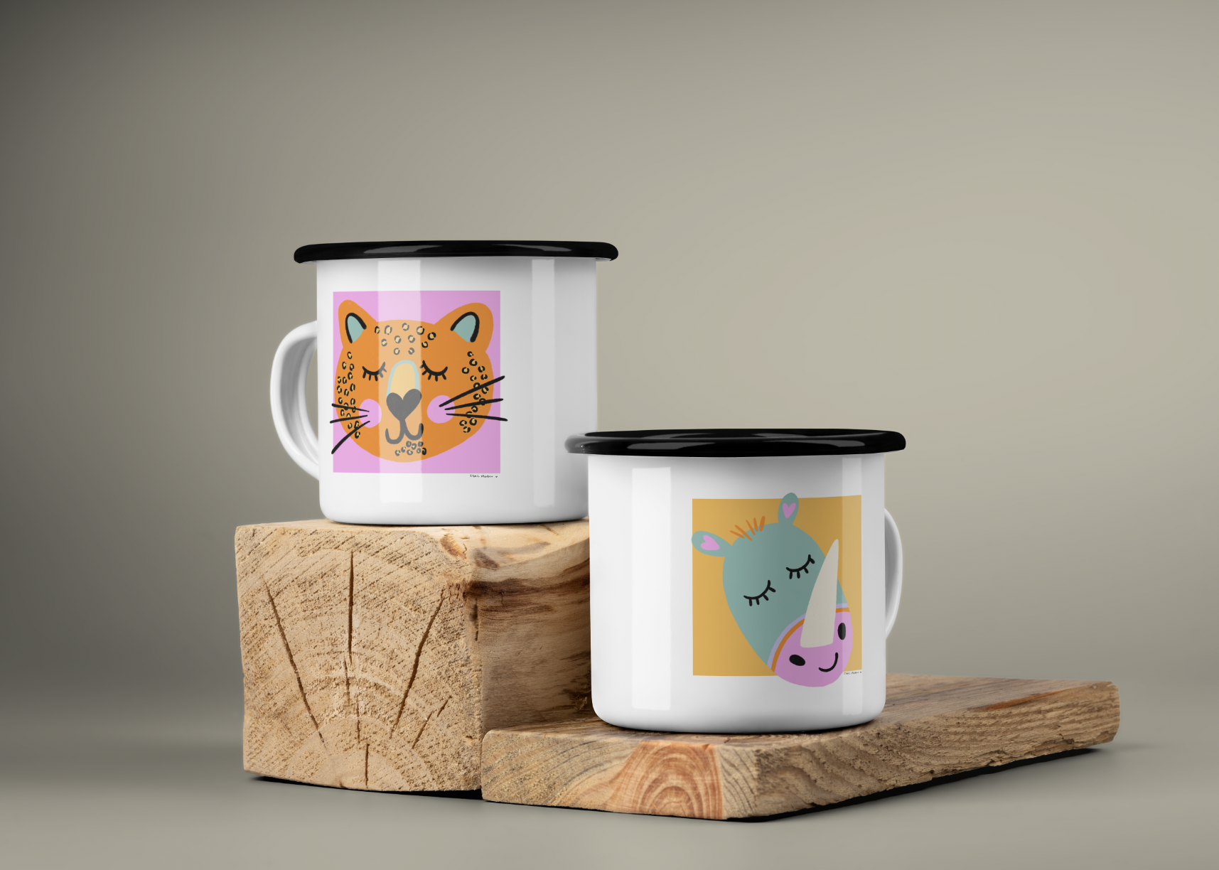 Two enamel mugs with adorable leopard and hippo illustrations