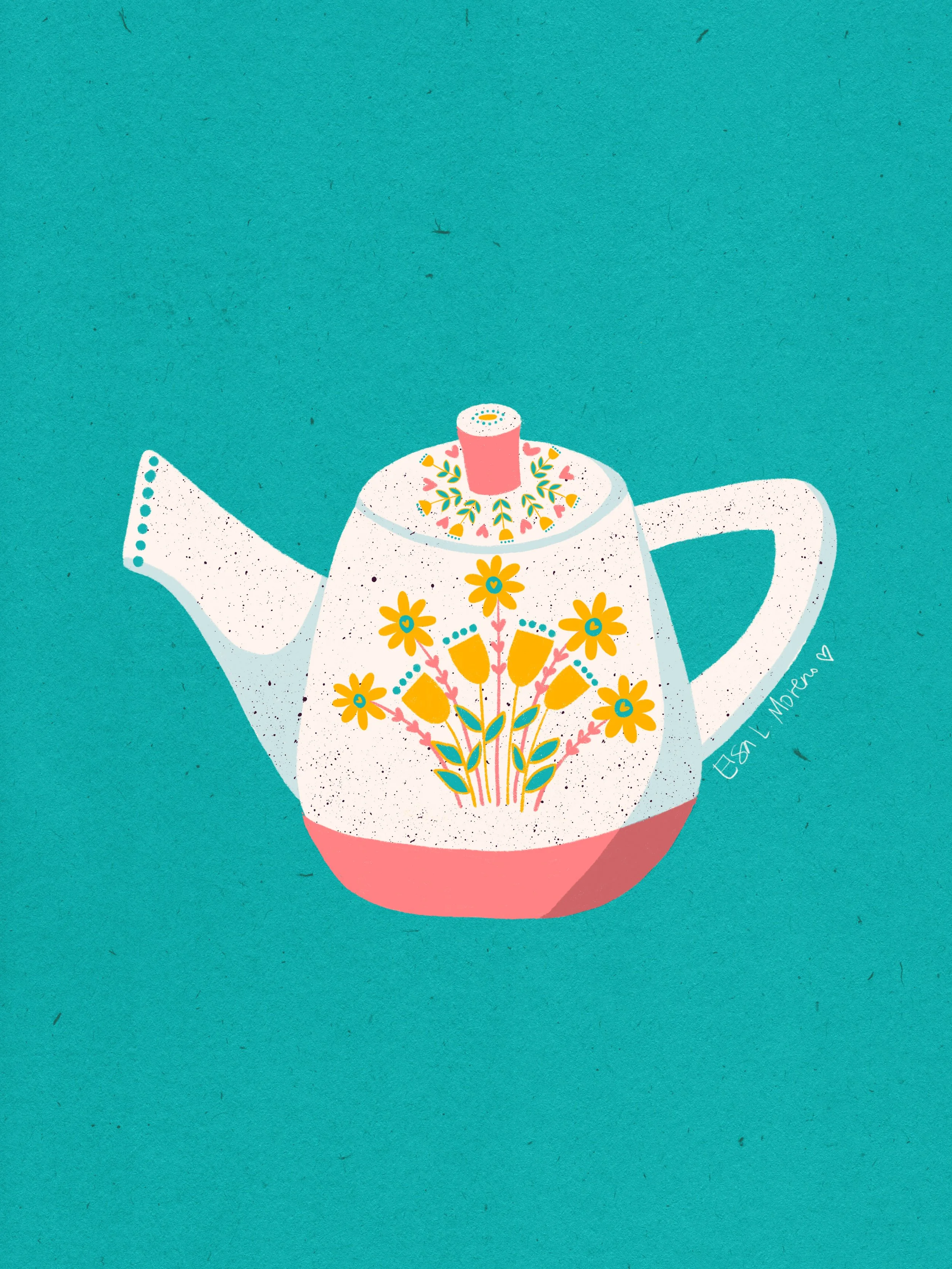 Vintage Teapot Illustration with Yellow Flowers and Coral Details on a Turquoise Background
