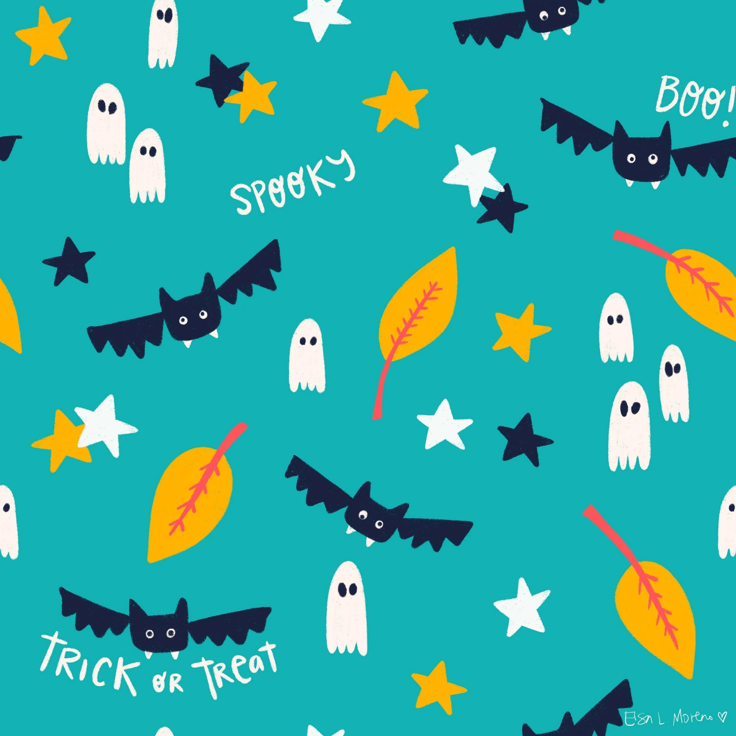 Repeating pattern of Halloween ghosts and bats surrounded by yellow, white and black stars and autumnal leaves over a turquoise background. The words "Spooky", "Boo!" and "Trick or Treat are dispersed around the pattern. The signature Elsa L. Moreno 
