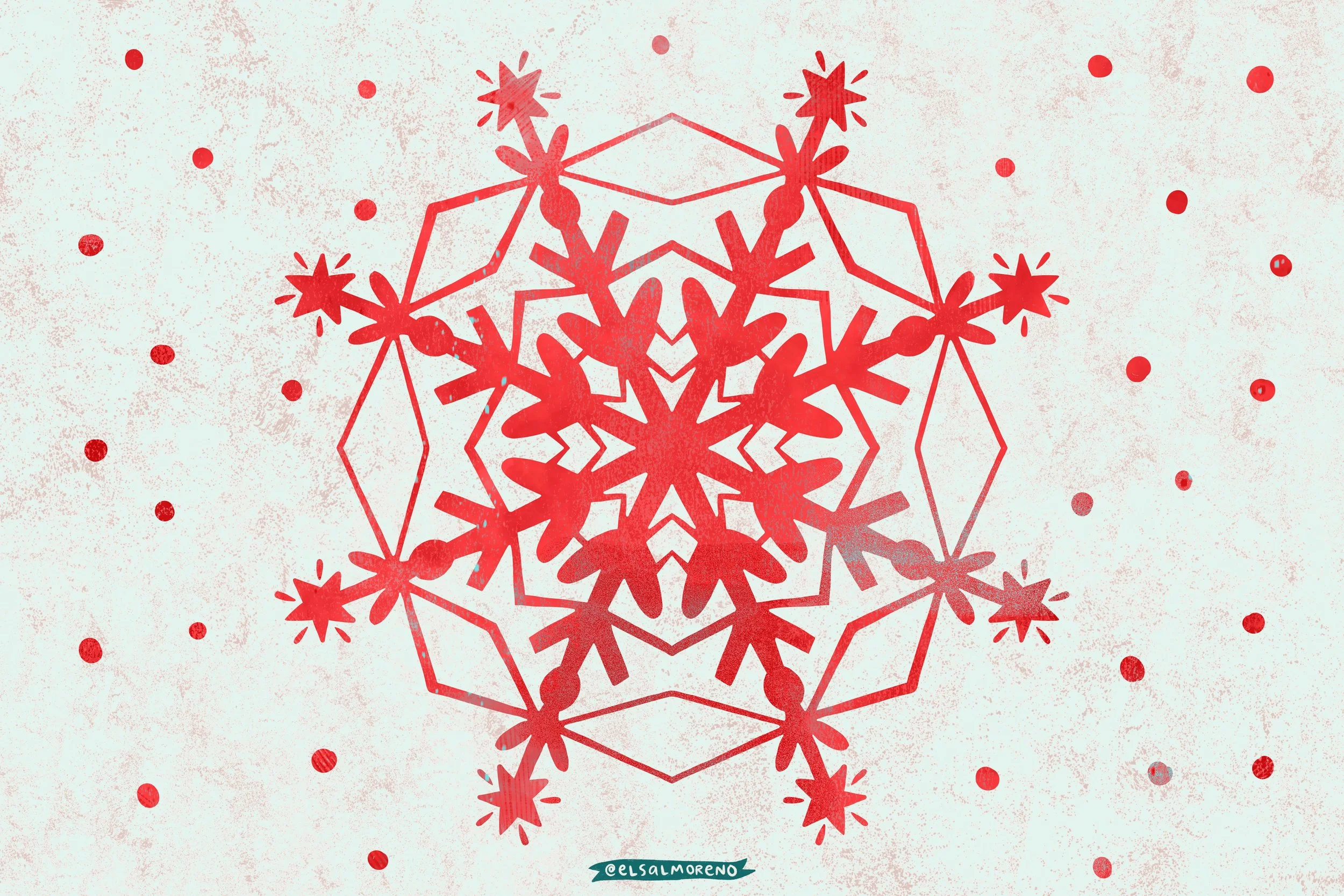 Silhouette of a textured red snowflake surounded by red dots over a light background