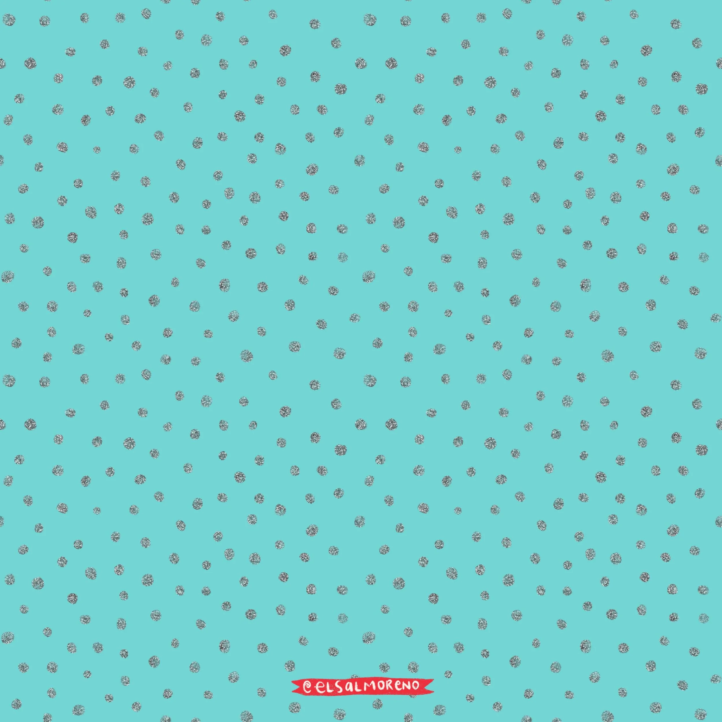 Repeating pattern of glittery silver dots over a turquoise background with the signature @elsalmoreno in the bottom center of the illustration