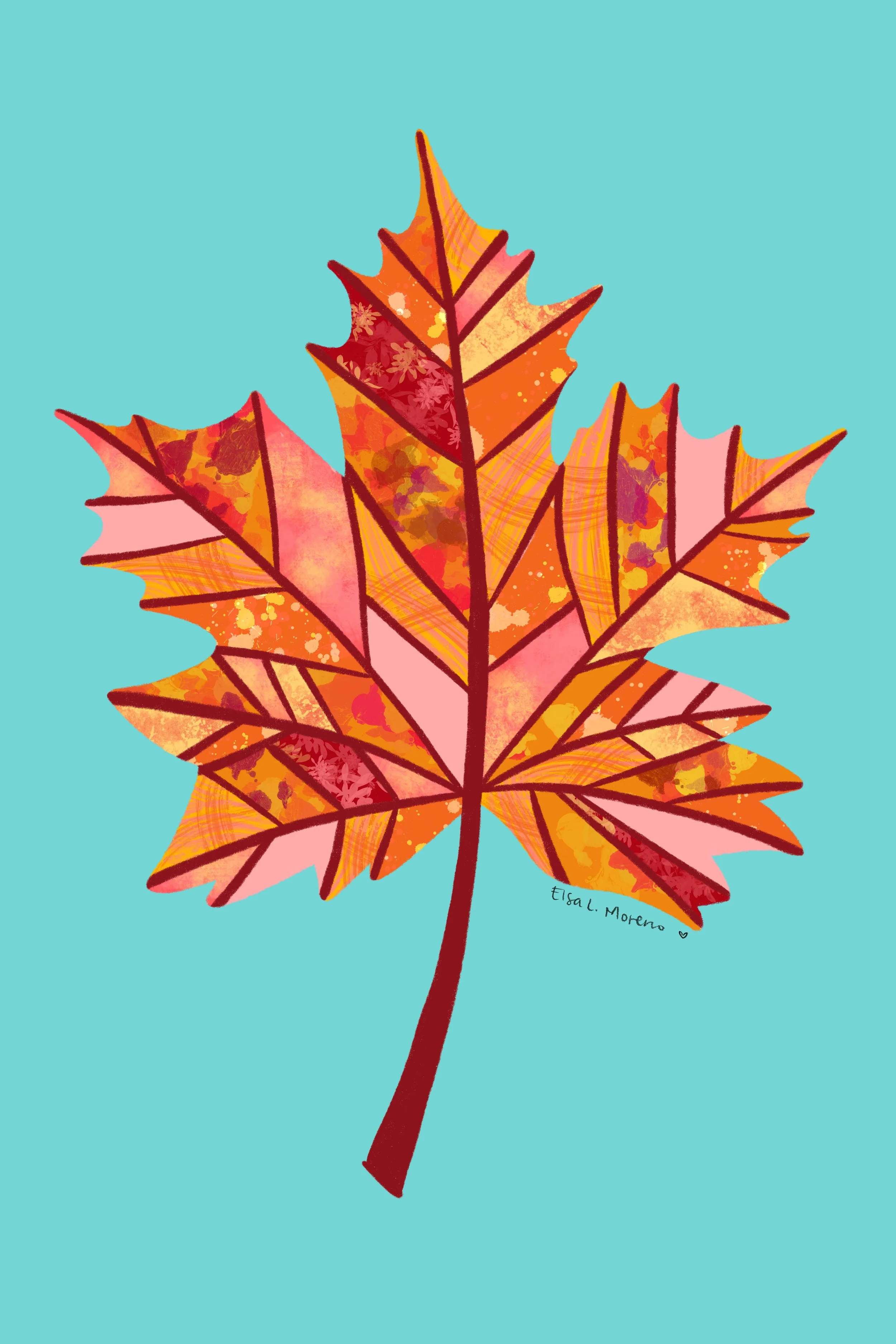An illustration of a stylized maple leaf in autumnal colors over a turquoise background.