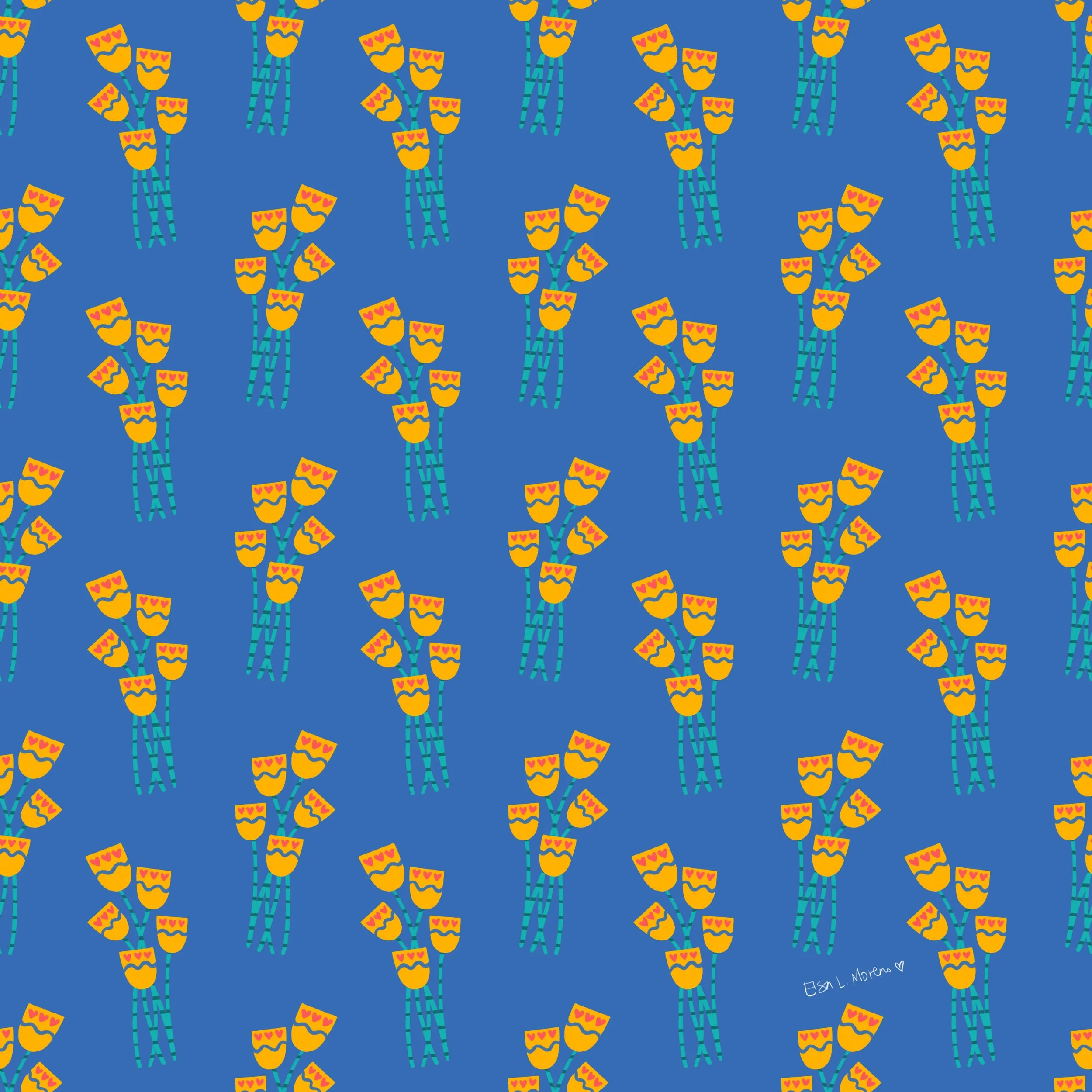Repeating pattern of stylized yellow tulips over a blue background