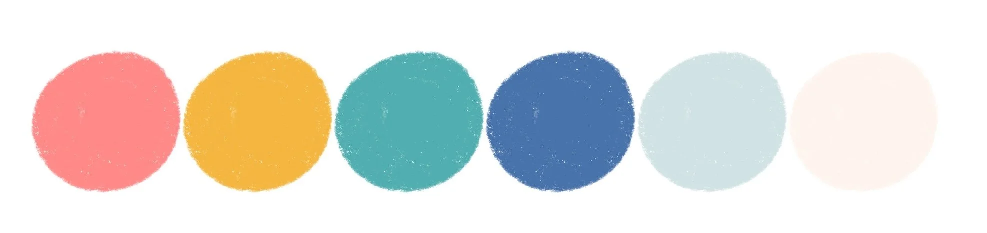 The image shows a six color palette, shown in six circles painted in mauve, yellow, turquoise, blue, bluish grey and ecru.