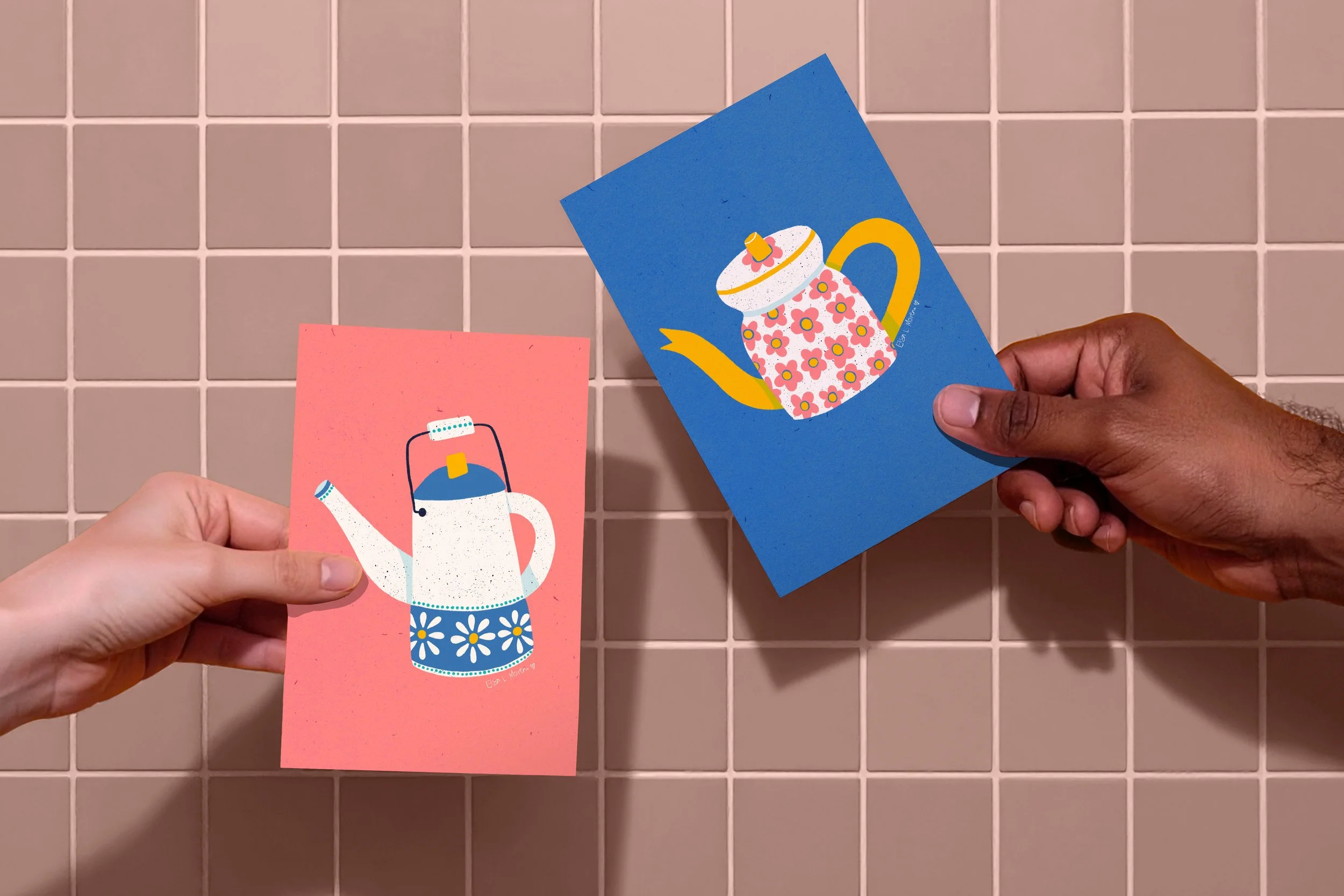 Two Hands Holding Two Cards with Teapot Illustrations