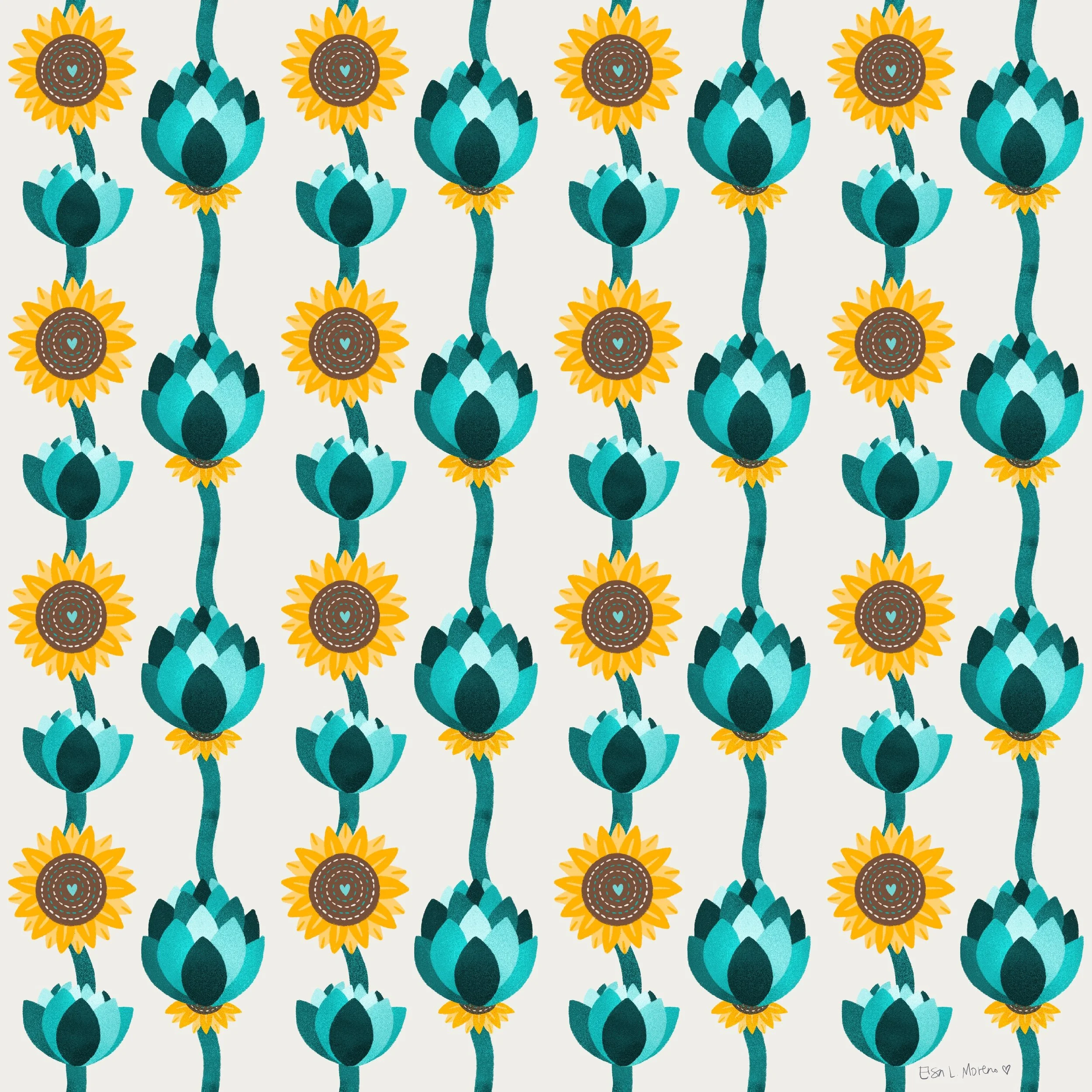 Repeating pattern of columns of sunflowers and artichokes over an ecru background