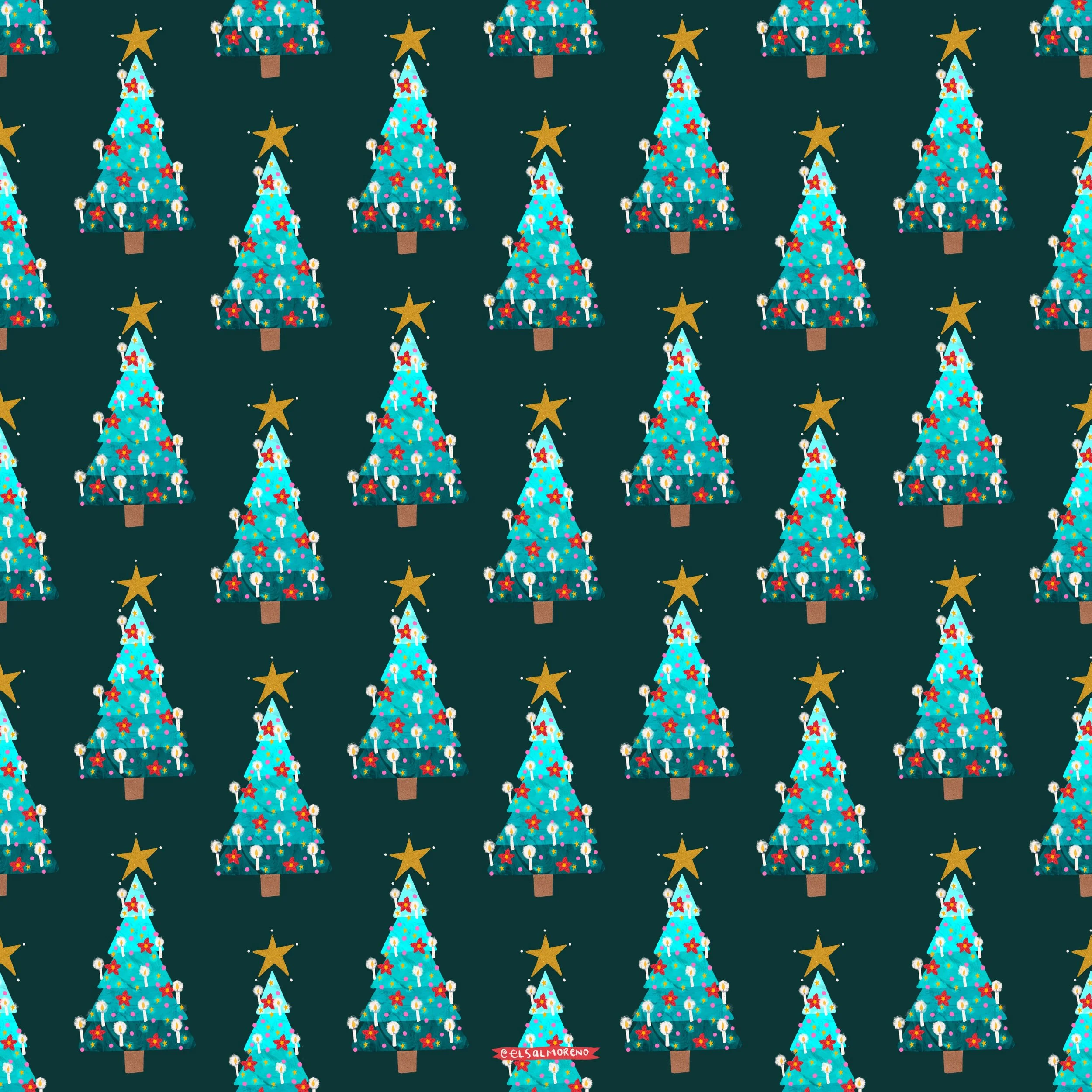 Repeating pattern of a glowy Christmas tree over a dark green background with the signature @elsalmoreno