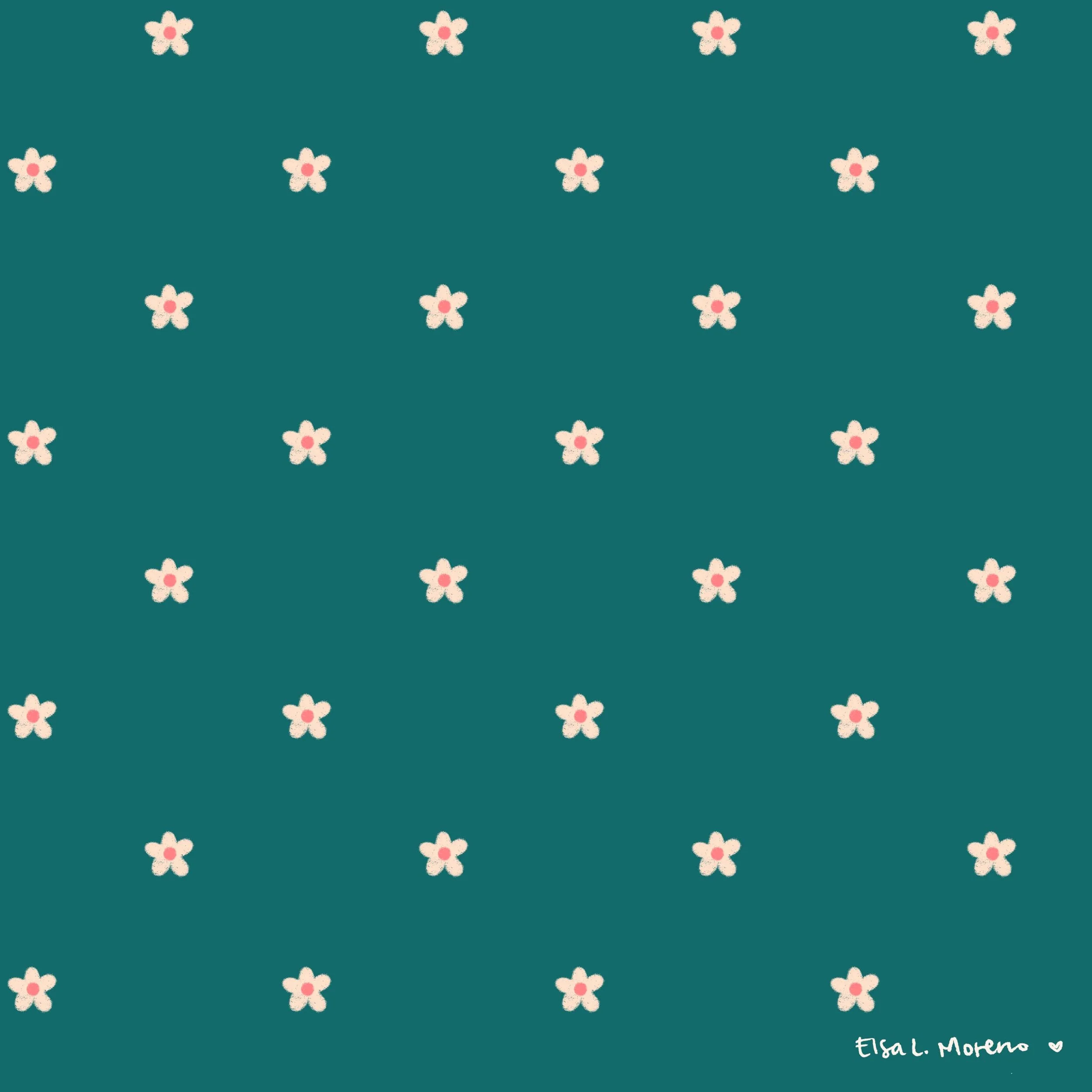 A repeating pattern of white mini flowers over a green background