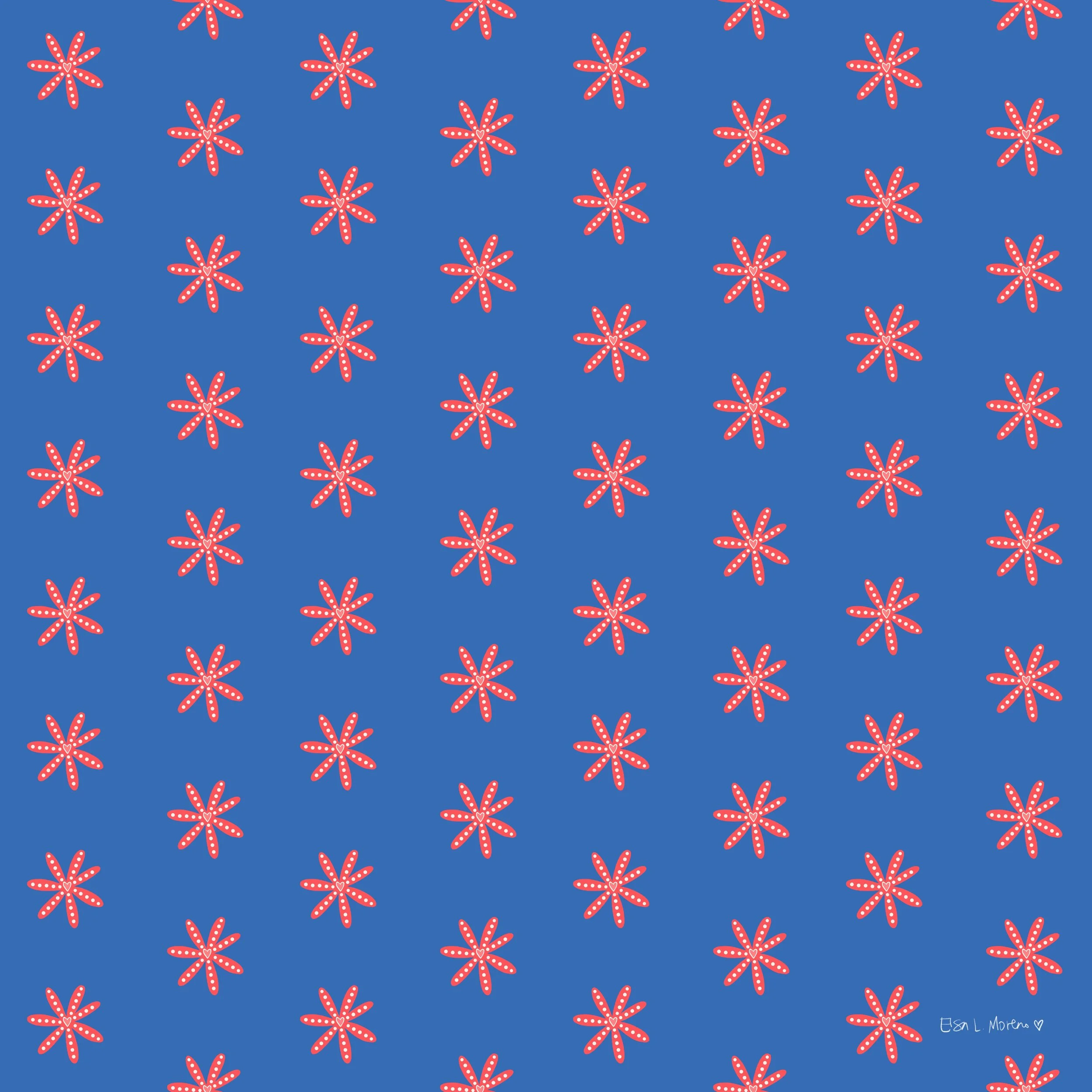 Repeating pattern of stylized red flowers over a blue background