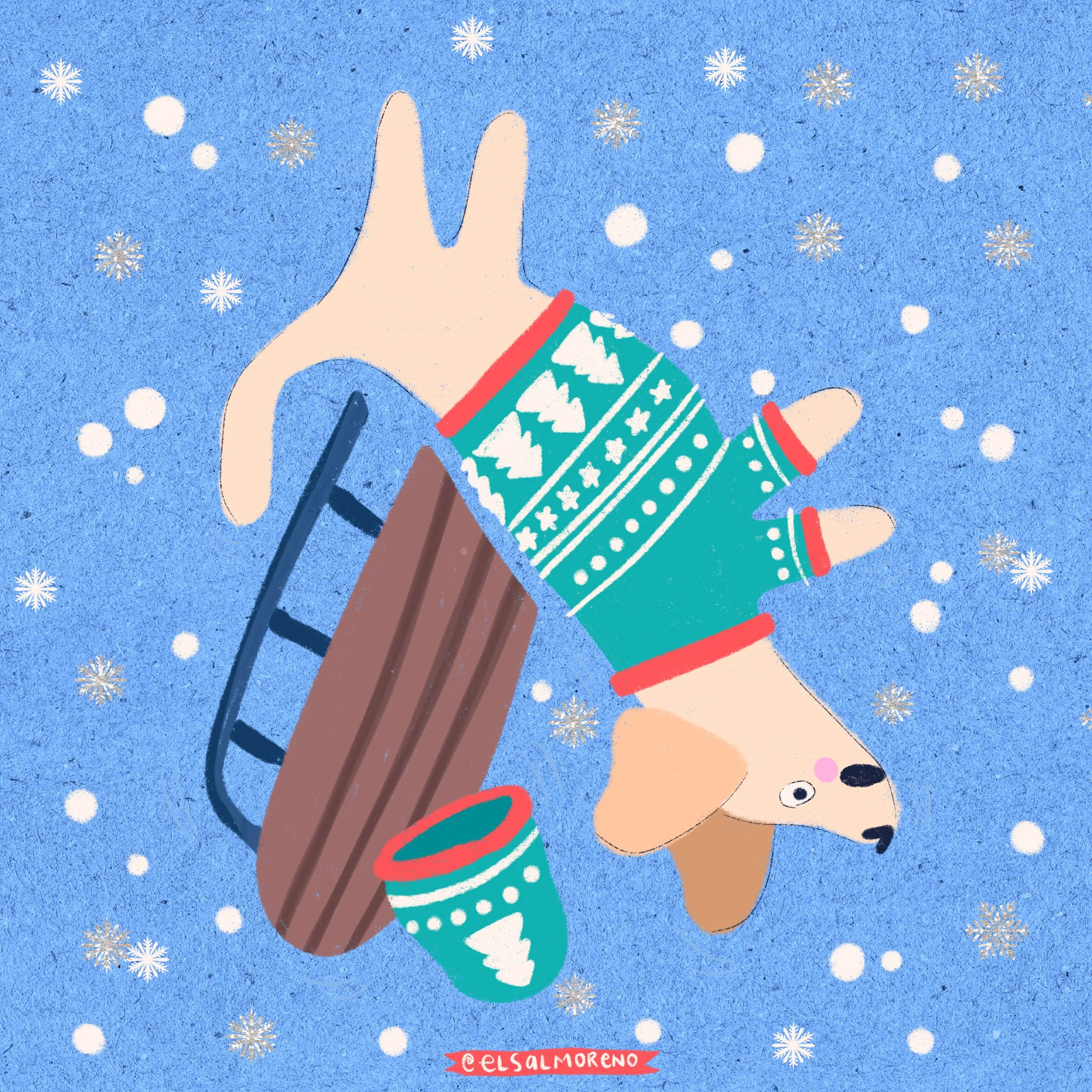 Cute illustration of a golden labrador in a turquoise winter sweater and hat, falling of a sled, on a blue background with white and silver sparkly snow and snowflakes with Elsa L. Moreno's signature in the bottom center. 