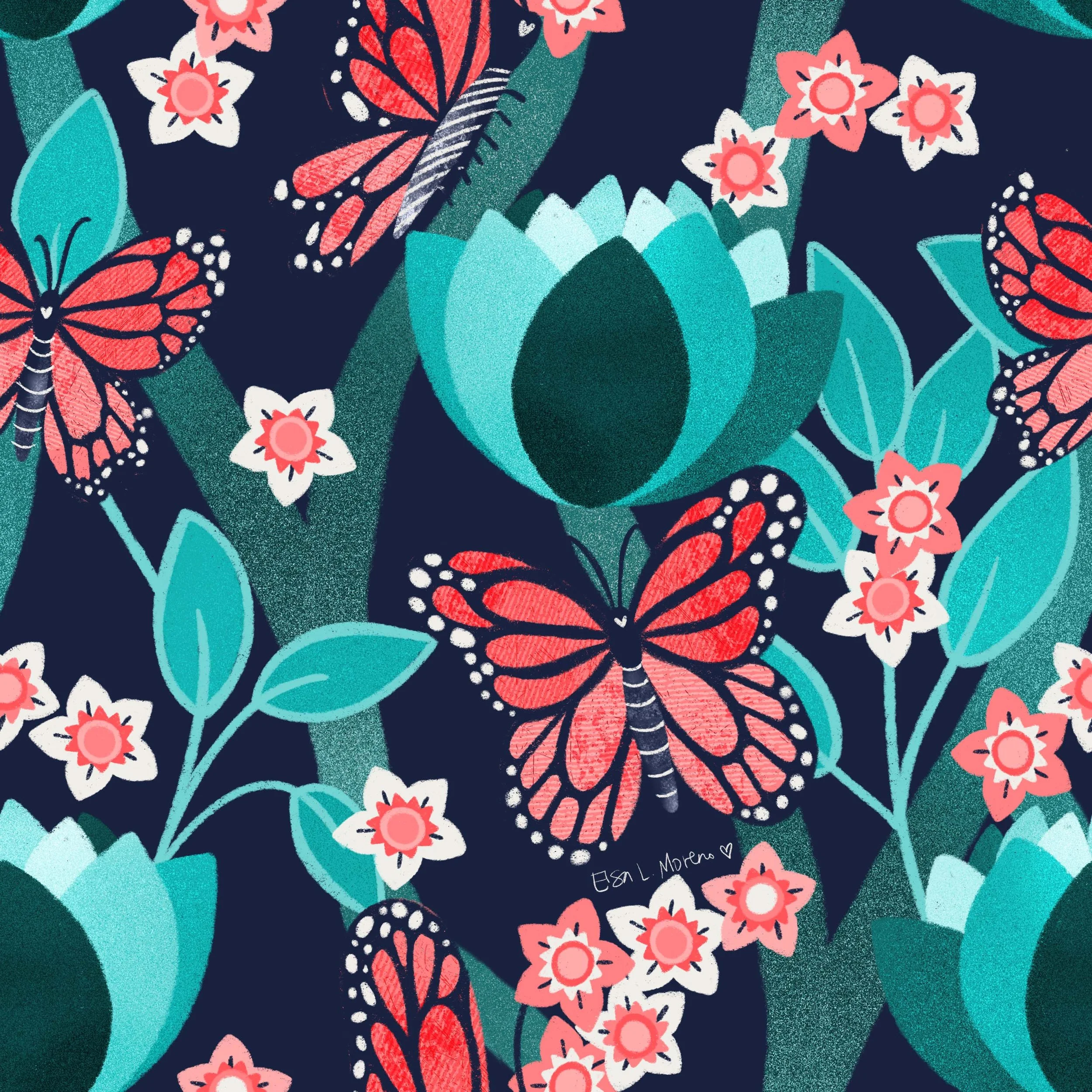 Repeating pattern of three butterflies, white and pink flowers and an artichoke with green leaves and green branches